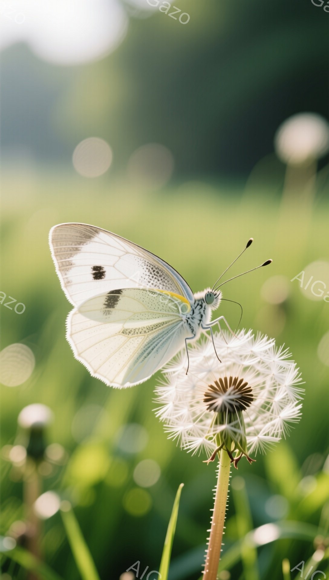 鮮やかな緑の草むらに、タンポポの綿毛にとまった白い蝶が描かれています。蝶は翼を広げ、まるで綿毛と一体になったかのように静止しており、背景にはぼやけた緑と光の粒が広がっています。この瞬間は、自然の美しさ - AI生成フリー素材
