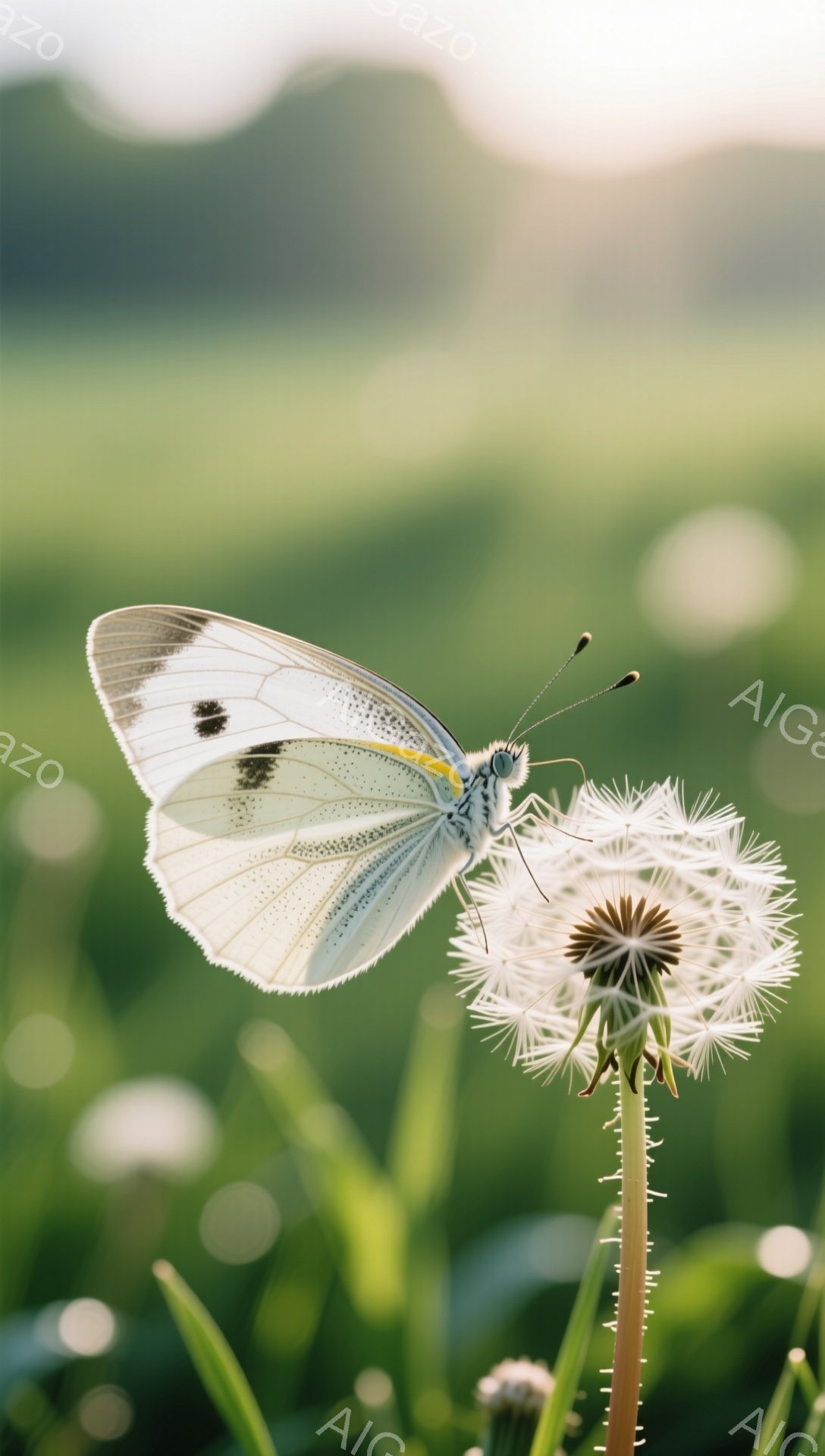 緑の草原にタンポポが咲き、その上に白い蝶がとまっている。蝶は翼を広げ、繊細で美しい模様を見せている。背景は穏やかな光に包まれ、平和で穏やかな雰囲気が漂っている。 - AI生成フリー素材