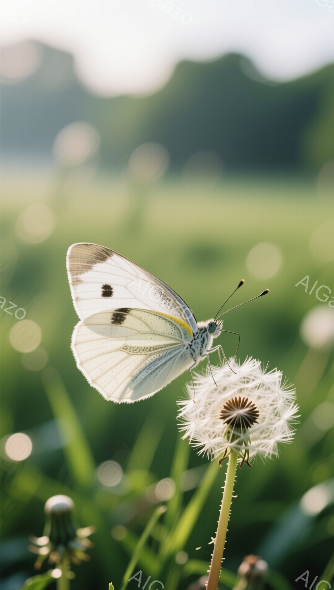 タンポポの綿毛にとまっている白い蝶が写っています。背景は緑の草むらで、ぼやけた光が差し込み、柔らかい雰囲気を醸し出しています。蝶の繊細な模様と綿毛の儚さが、穏やかな情景を作り出しています。 - AI生成フリー素材