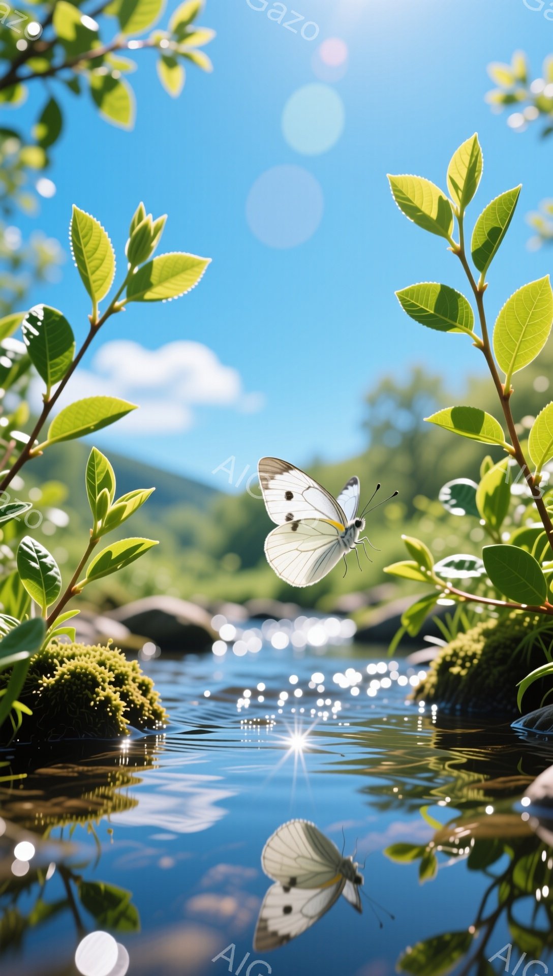 青々とした緑に囲まれた穏やかな水面を、白い蝶が舞っている。水面には太陽の光が反射してキラキラと輝き、周囲の植物や空の青さが美しいコントラストを生み出している。自然の静寂と生命の息吹が感じられる、安らぎに満ちた情景だ。
