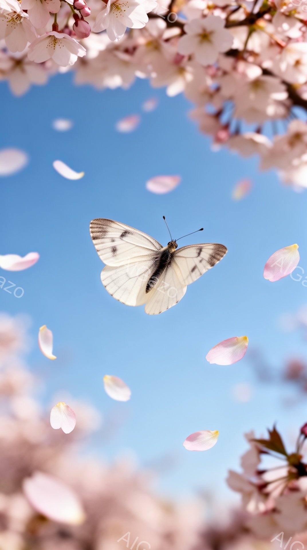 満開の桜の花びらが舞い散る青空の下、白と黒のコントラストが美しい蝶が飛び交っている。春の暖かな日差しが感じられ、優雅で穏やかな雰囲気が漂っている。桜の淡いピンク色と蝶の繊細な模様が、春の訪れを告げてい - AI生成フリー素材