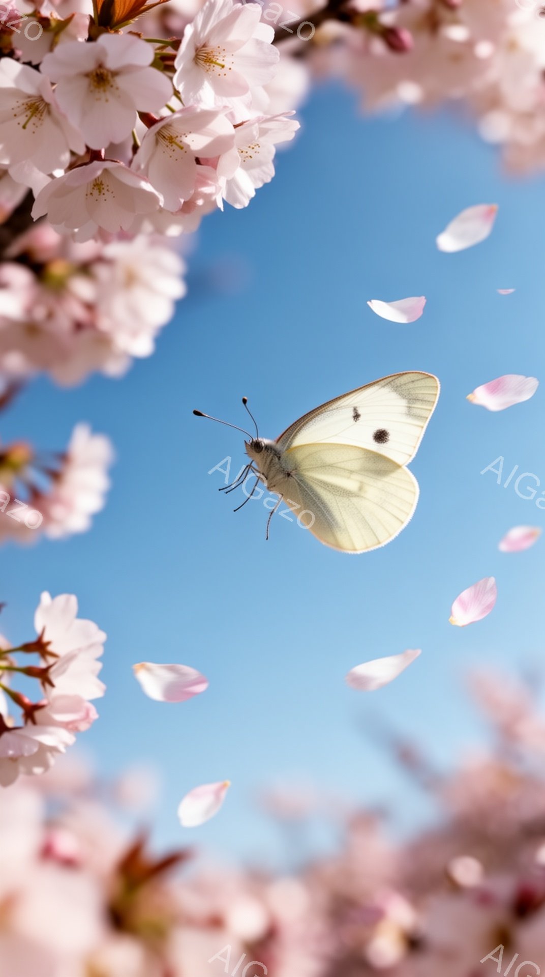 桜の花びらが舞い散る青空の下、白い蝶が羽ばたいている。薄桃色の桜と白い蝶のコントラストが美しく、春の穏やかな雰囲気を表現している。空は澄み切った青色で、蝶は優雅に飛び回っている。