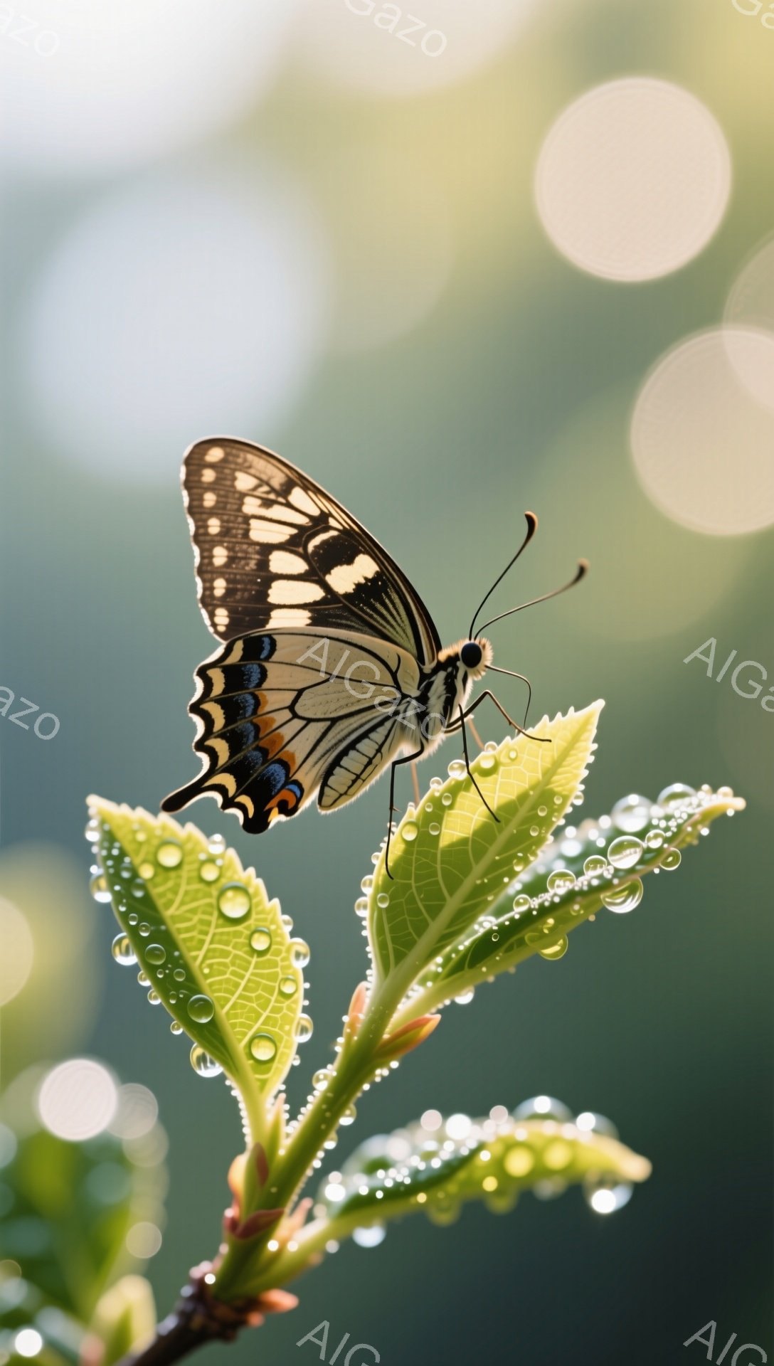 鮮やかな緑の葉の上で、美しいアゲハチョウがとまっています。葉には朝露が輝き、背景は柔らかい光でぼやけています。自然の美しさと静けさが感じられる穏やかな風景です。 - AI生成フリー素材