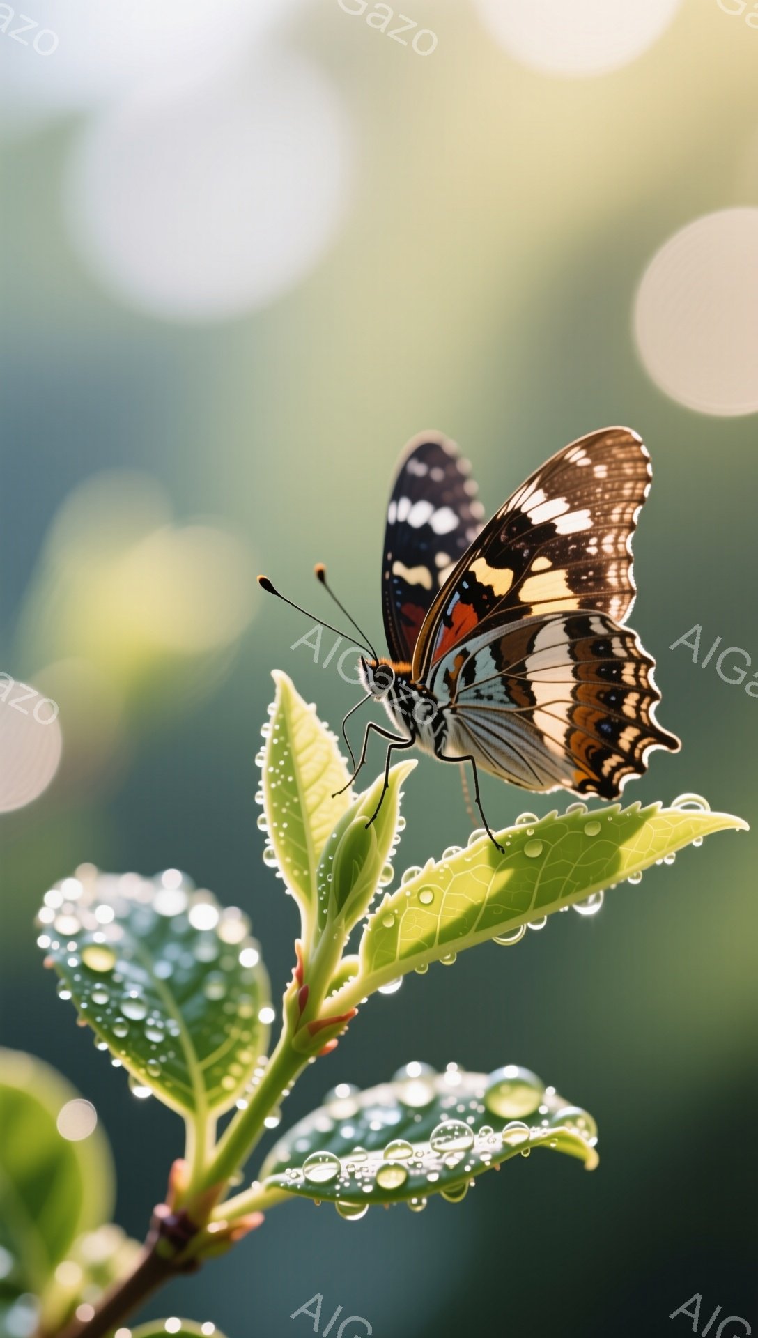 鮮やかな茶色と黒の模様を持つアゲハチョウが、水滴のついた緑の葉の上にとまっている。背景はぼかした緑色で、光が差し込み、葉の上の水滴がキラキラと輝いている。穏やかで静謐な雰囲気が感じられる。 - AI生成フリー素材