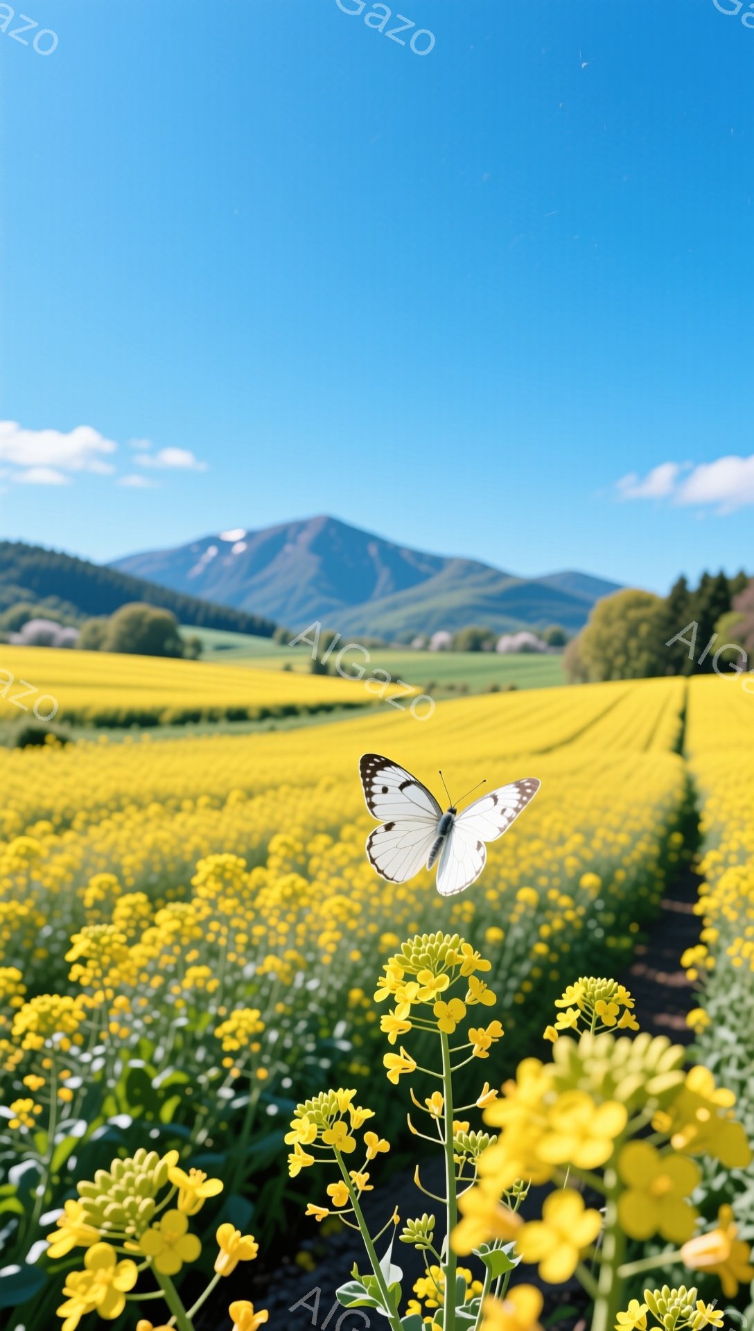 広大な菜の花畑が広がり、その中に一匹の白い蝶が舞っている。背後には緑の丘と山々が連なり、澄み切った青空が広がっている。暖かく穏やかな雰囲気で、春の訪れを感じさせる美しい風景だ。 - AI生成フリー素材