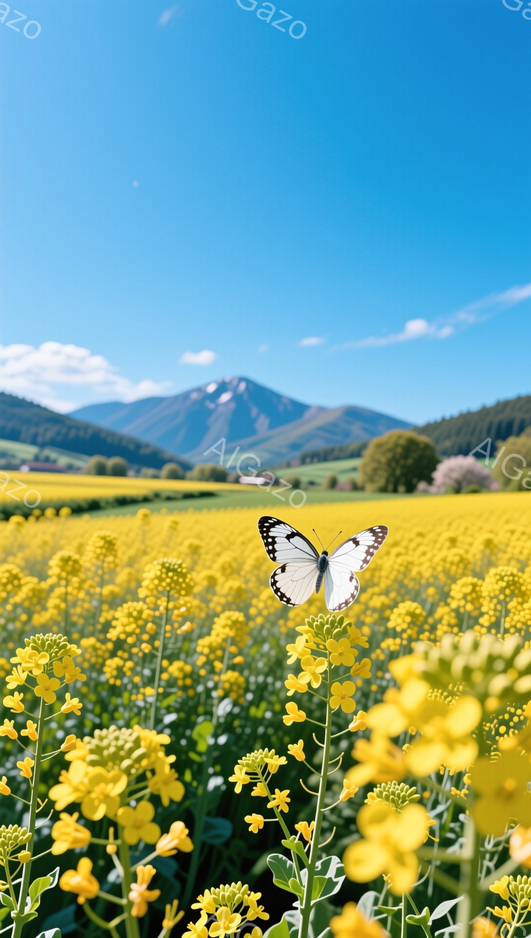 広大な菜の花畑が広がり、その中に一匹の白い蝶がひらひらと舞っている。背後には緑の丘と、遠くに見える山々が穏やかな空の下にそびえ立っている。鮮やかな黄色と青色のコントラストが、平和で牧歌的な雰囲気を醸し - AI生成フリー素材