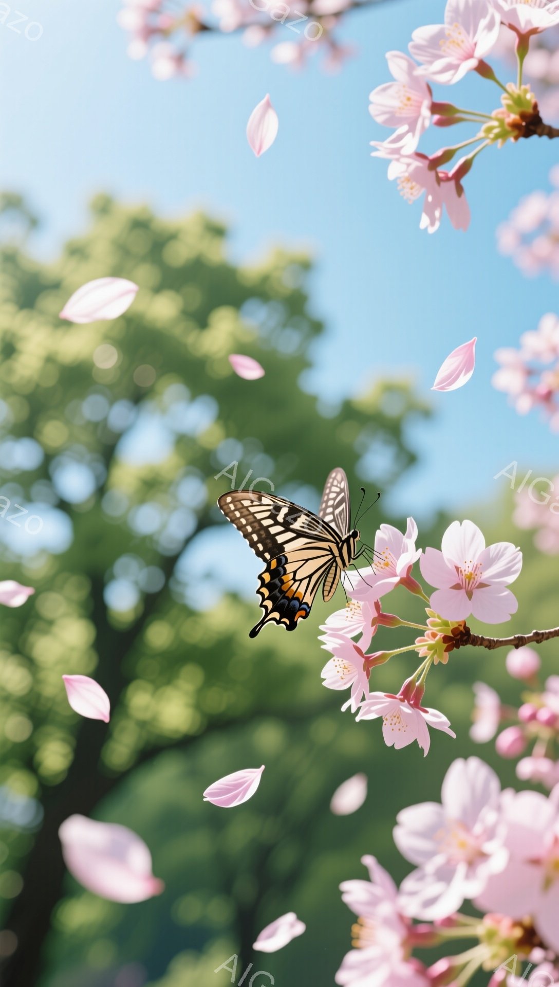 桜の木にアゲハチョウが舞い降りている。ピンク色の花びらが舞い散り、春の穏やかな雰囲気を演出している。背景には緑豊かな木々が見え、空は明るい青色で晴天のようだ。 - AI生成フリー素材
