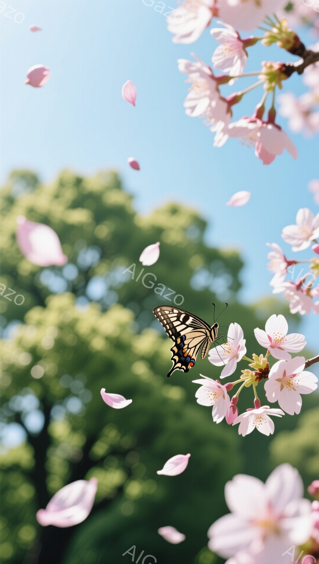 桜の木と蝶が春の風景を捉えています。ピンク色の桜の花びらが舞い散り、背景には緑豊かな木々が広がっています。蝶は花にとまっており、穏やかで美しい雰囲気が漂っています。 - AI生成フリー素材