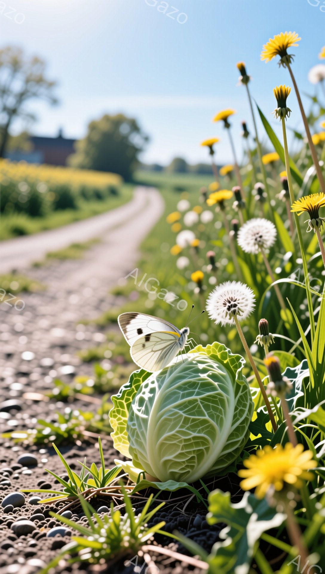 緑豊かな草原の中で、蝶がキャベツの葉にとまっている。背景には砂利道が伸び、遠くには明るい空と田園風景が広がり、穏やかで牧歌的な雰囲気が漂う。キャベツは少し傷んでおり、自然の中で放置された様子が伺える。