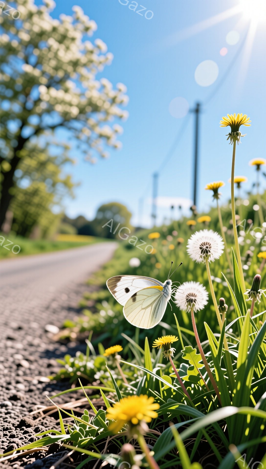 道端にタンポポが咲き乱れ、白い蝶がその花にとまっている。青空と緑のコントラストが鮮やかで、穏やかで平和な雰囲気が感じられる。太陽の光が差し込み、春の暖かさを表現している。 - AI生成フリー素材