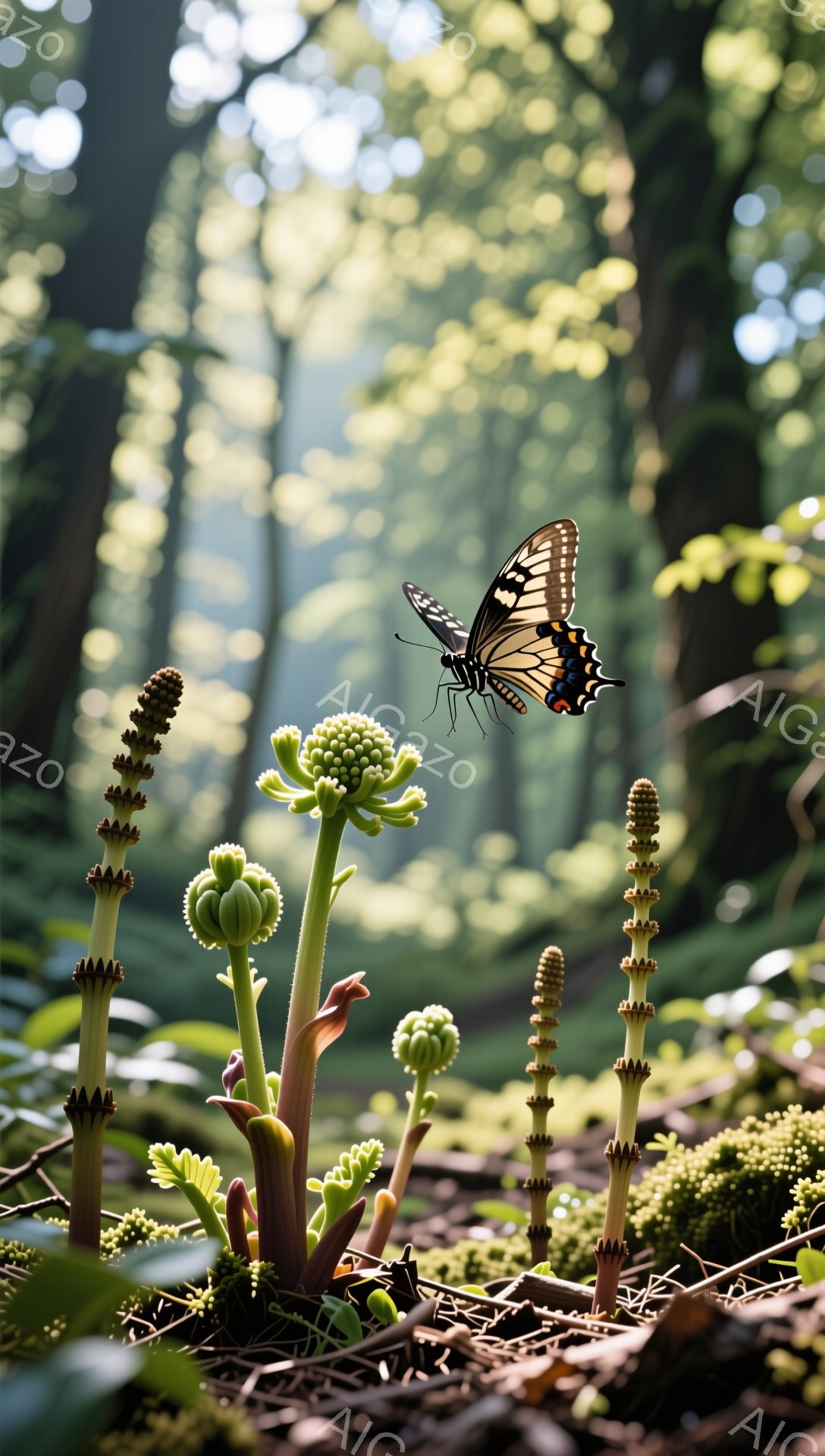 鮮やかな緑の植物が密集した森の中で、鮮やかなオレンジと黒の蝶が舞っている。光が木々の間から差し込み、植物を照らし、神秘的で穏やかな雰囲気を醸し出している。植物はまるで小さな緑の塔のように、独特の形をし - AI生成フリー素材