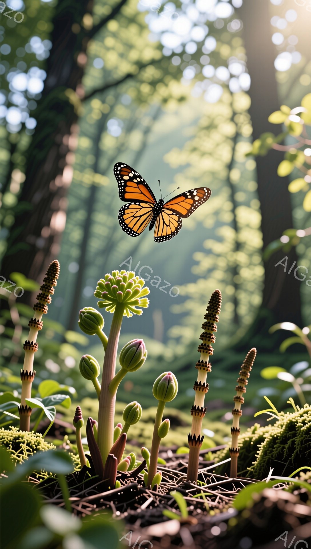 鮮やかなオレンジ色の蝶が、緑豊かな植物の中に舞っている。背景には木漏れ日が差し込み、幻想的な雰囲気を作り出している。湿り気のある森の奥深くで、自然の美しさが際立っている。 - AI生成フリー素材