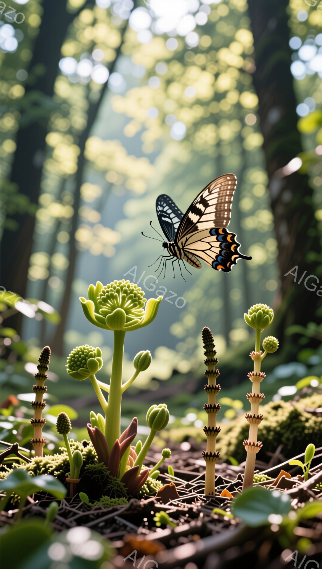 鮮やかな光が差し込む林の中で、複数の緑色の植物が密集して生えている。その一つに鮮やかな模様の蝶が舞い降りようとしている。湿った土と葉の香りが感じられる、静かで穏やかな自然の風景である。 - AI生成フリー素材