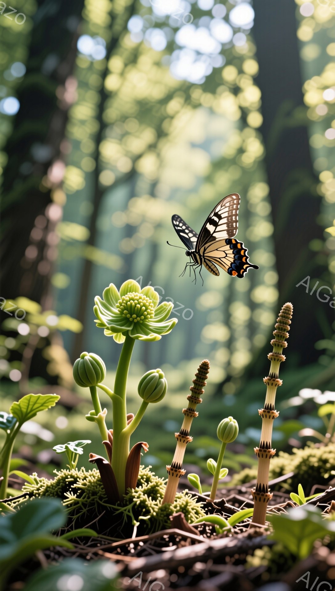 湿った森の中で、緑の植物が芽吹き、その上に美しい蝶が舞っている。日の光が葉の間から差し込み、幻想的な雰囲気を醸し出している。自然の生命力と静けさが感じられる、穏やかな情景だ。 - AI生成フリー素材