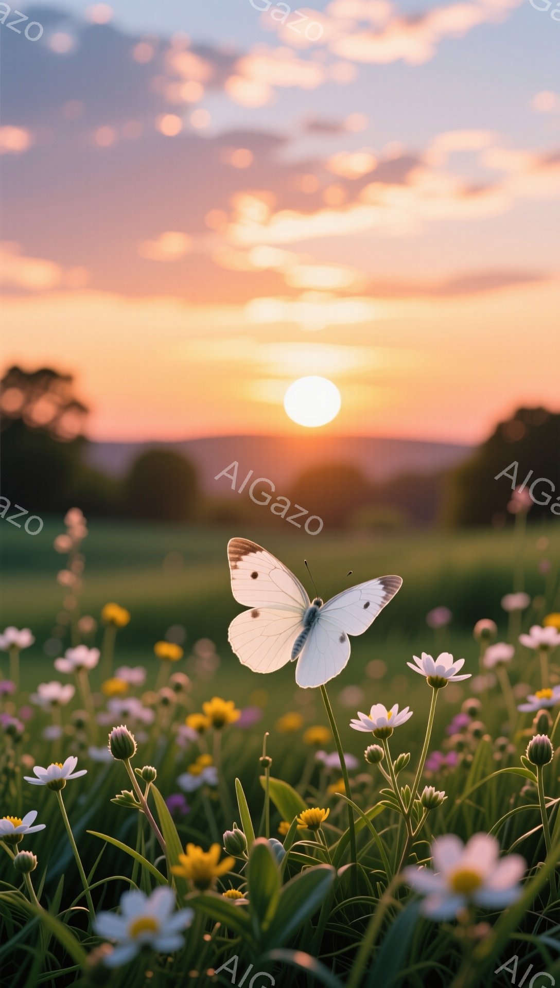 夕焼けに照らされた野原で、白い蝶が可憐な花にとまっている。オレンジとピンクのグラデーションが美しく、穏やかで温かい雰囲気を醸し出している。花々は様々な色合いで咲き誇り、夏の日の優しさを感じさせる。 - AI生成フリー素材