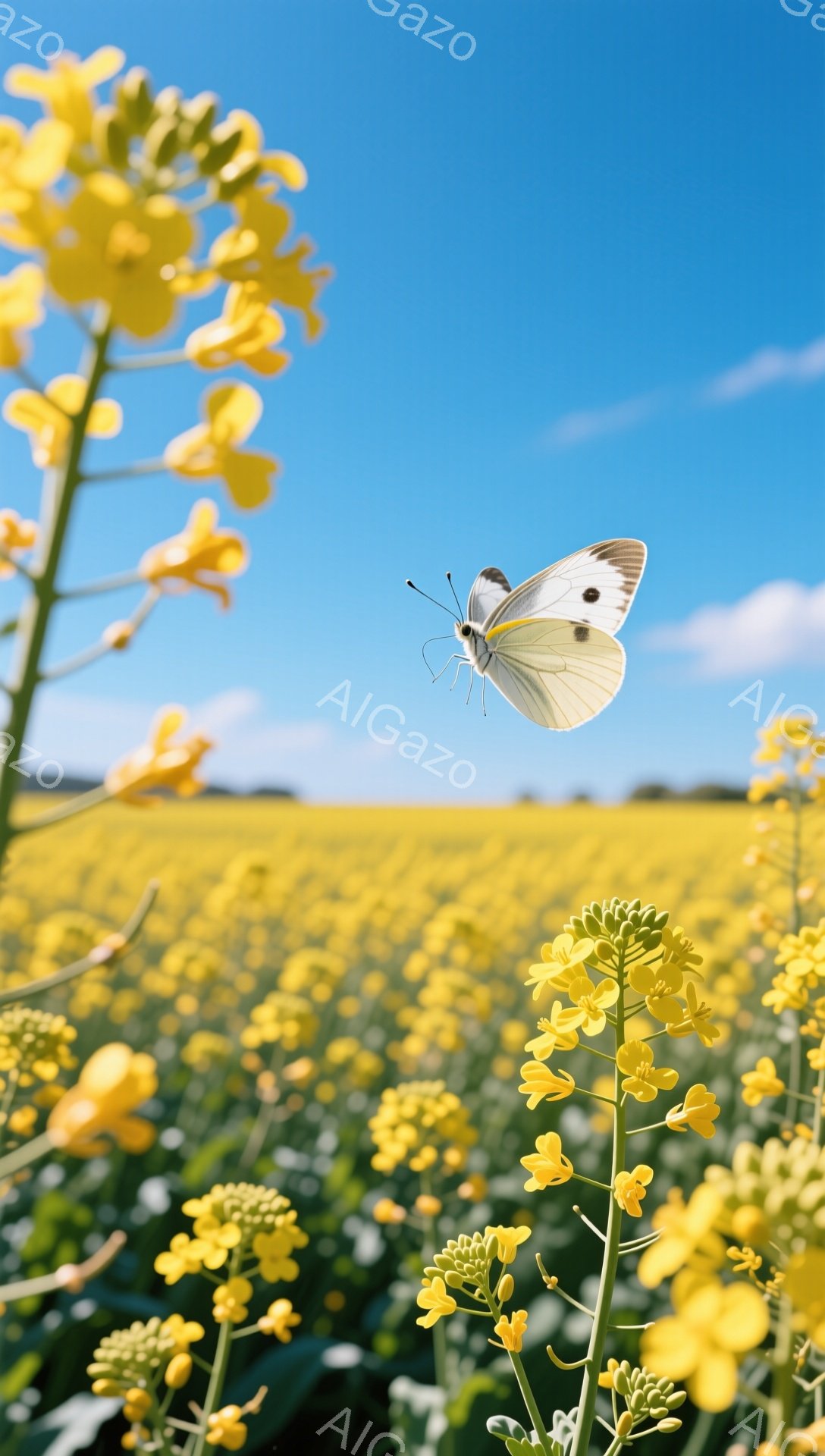 広大な菜の花畑で、白い蝶が舞っている。太陽の光を浴びて、菜の花は鮮やかな黄色に輝き、蝶はそれを楽しんでいるようだ。空は青く澄み渡り、穏やかな春の日の雰囲気が伝わってくる。 - AI生成フリー素材