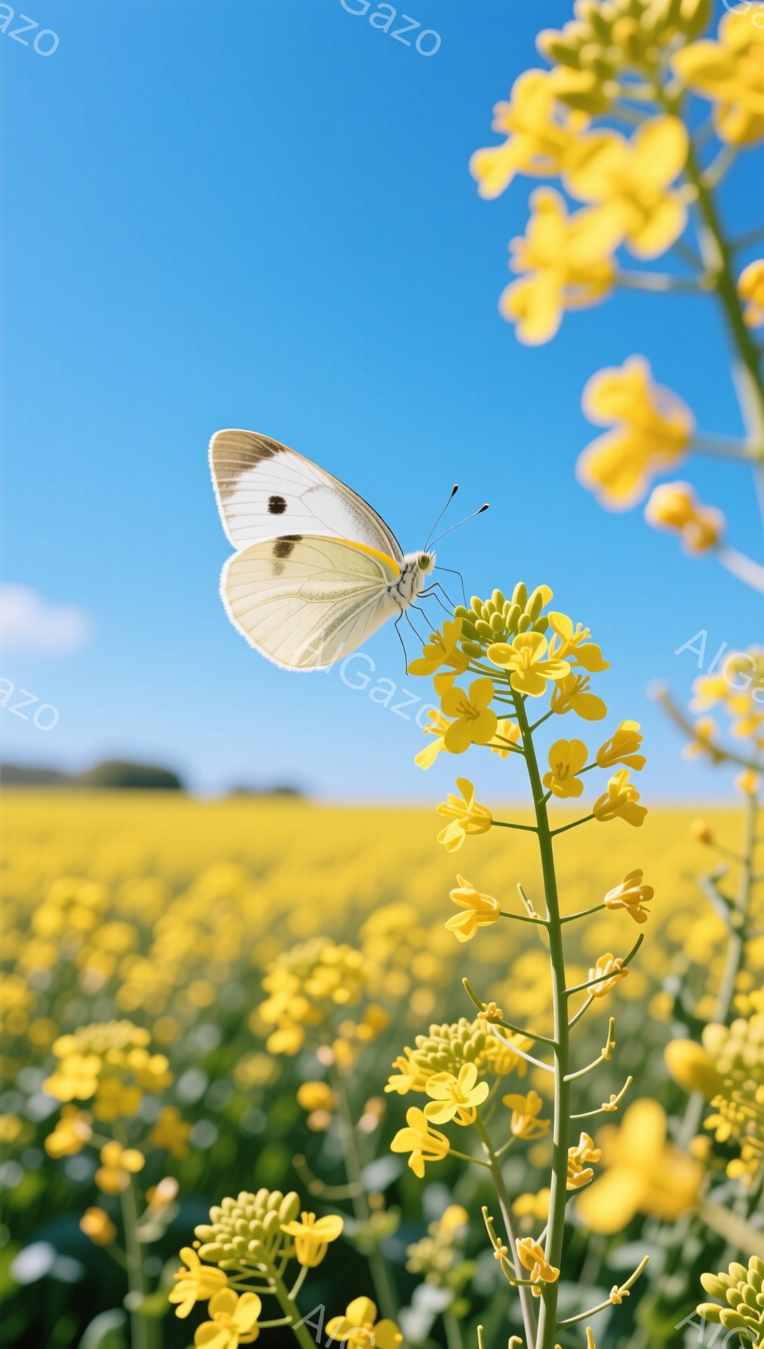 広大な菜の花畑で、白い蝶が黄色い花にとまっている。空は澄み切った青色で、背景には緑の丘が見える。鮮やかな色彩と穏やかな雰囲気で、春の訪れを感じさせる美しい風景だ。 - AI生成フリー素材