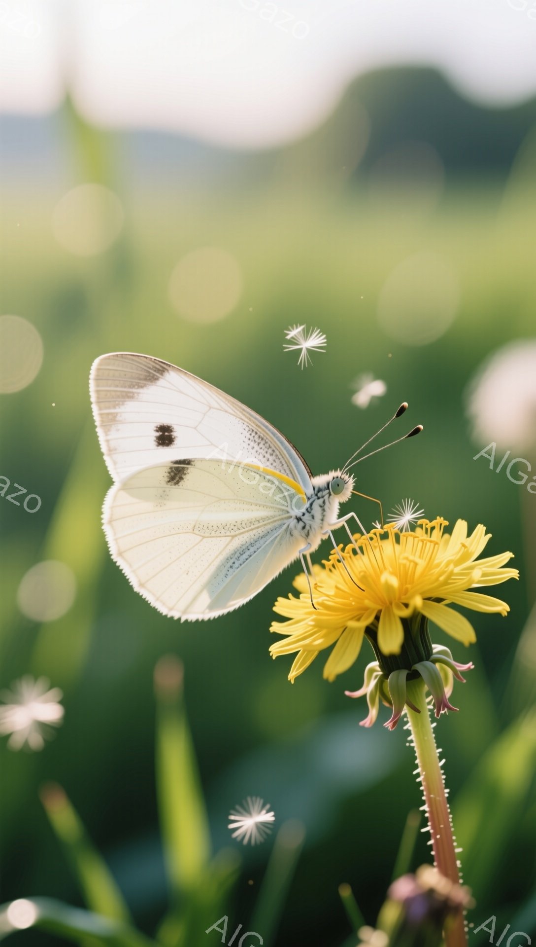 白い蝶が黄色いタンポポにとまっている。背景は緑色の草むらで、ぼかし加工が施され、春らしい柔らかな光が差し込んでいる。蝶の繊細な模様とタンポポの明るい色が対照的で、自然の美しさを際立たせている。 - AI生成フリー素材
