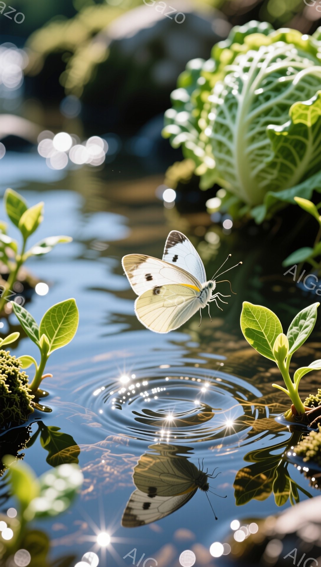 白い蝶が水面に舞い降り、波紋が広がっている。緑豊かな植物が背景にあり、光が水面で反射してキラキラと輝いている様子が美しい。自然の穏やかさと生命の息吹を感じさせる静かな情景だ。 - AI生成フリー素材
