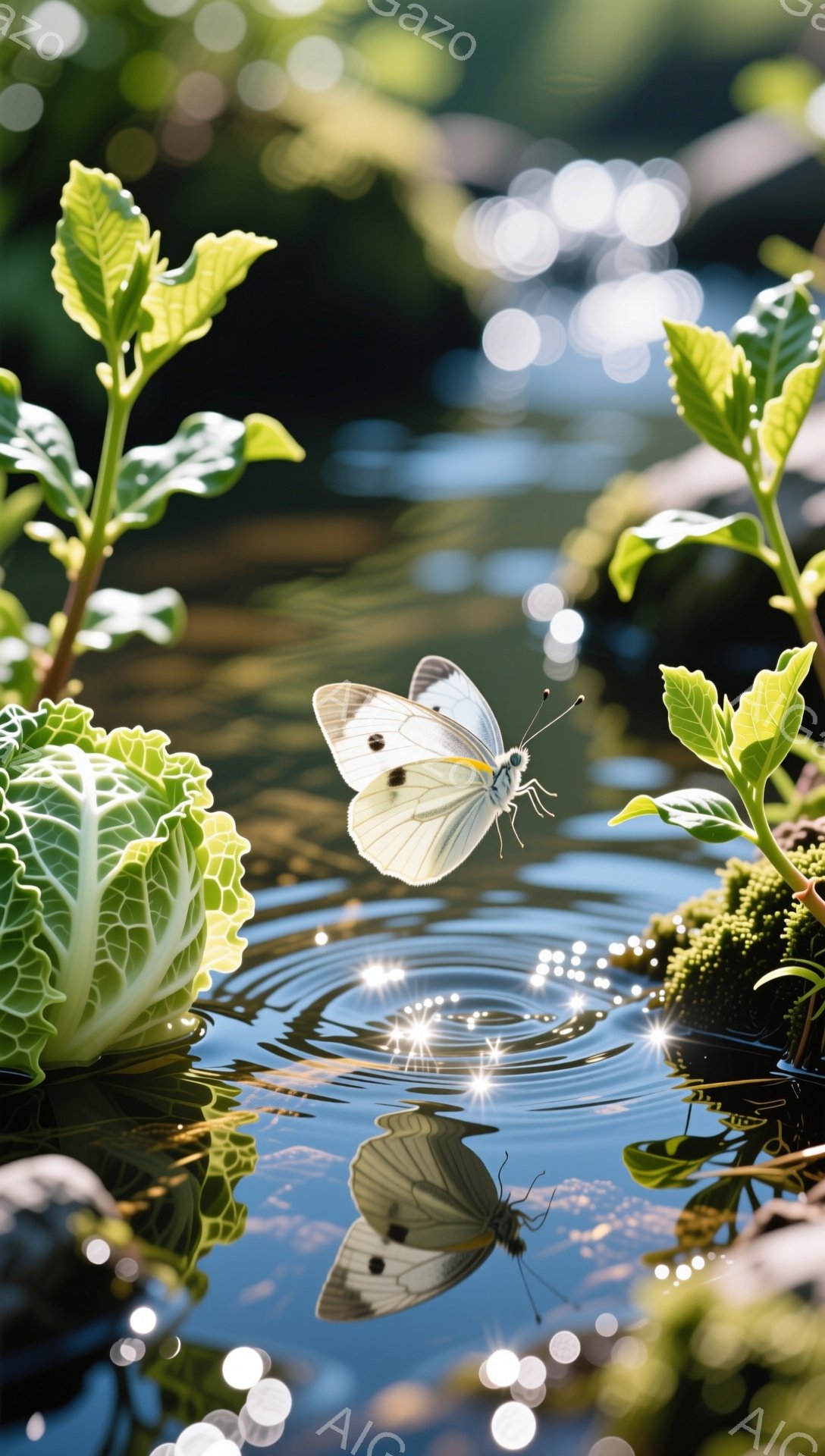 白い蝶が水面にそっと降り立つ瞬間を捉えた写真です。周囲には緑豊かな植物が生い茂り、水面には光が反射してキラキラと輝いています。穏やかで幻想的な雰囲気を感じさせる、自然の美しさを表現した一枚です。 - AI生成フリー素材