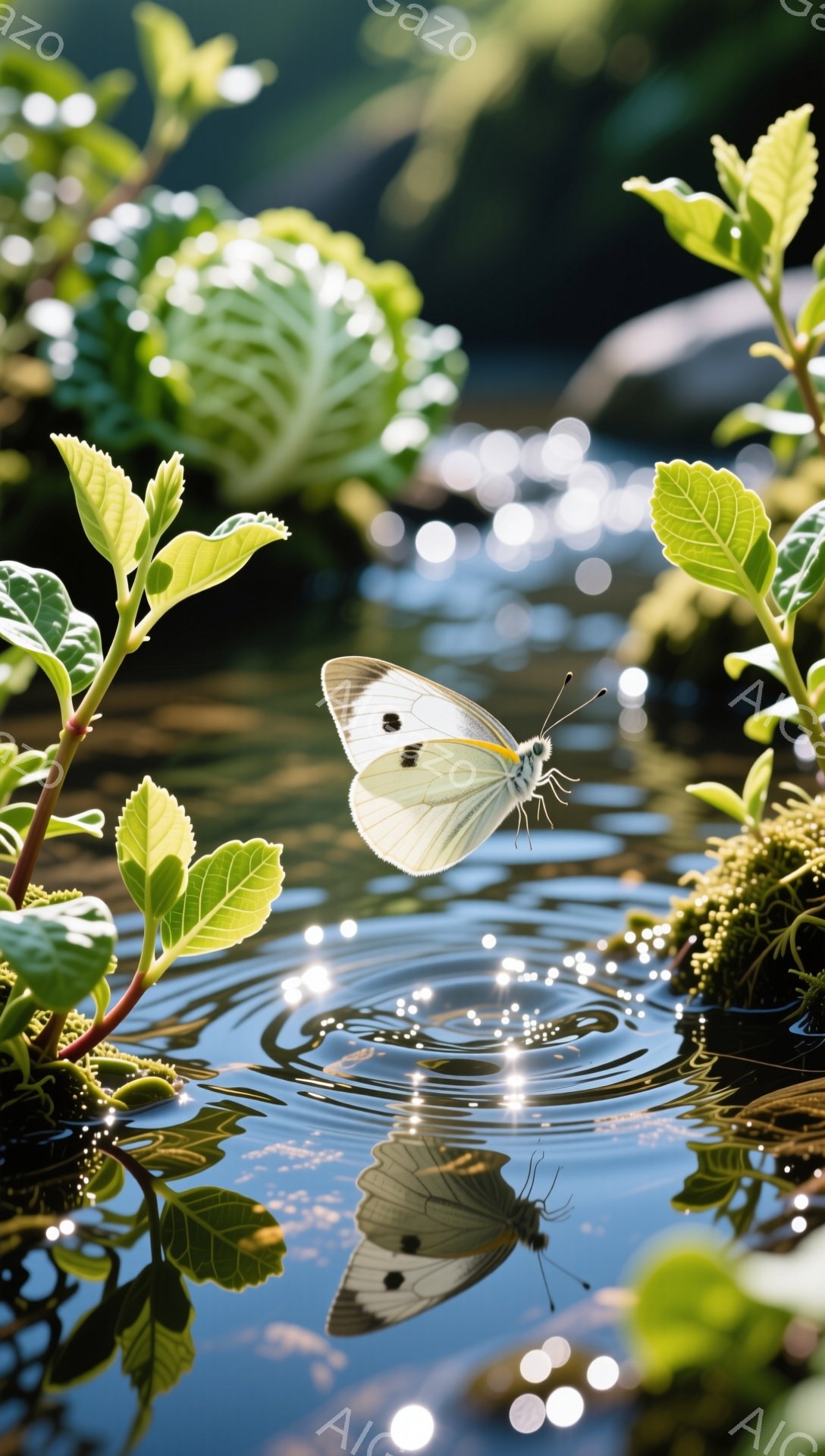 白い蝶が水面に触れた瞬間を捉えた写真です。緑豊かな植物が背景に広がり、水面の反射がキラキラと輝き、穏やかで幻想的な雰囲気を醸し出しています。光と影のコントラストが美しく、自然の優しさを感じさせます。 - AI生成フリー素材