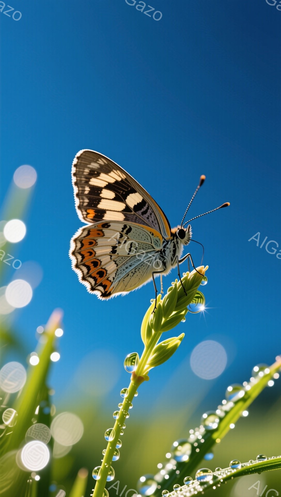 明るい青空を背景に、鮮やかな蝶が緑色の植物の上に留まっています。朝露のような水滴が植物の葉や茎に付着し、キラキラと輝き、夏の日の穏やかな雰囲気を醸し出しています。蝶の繊細な模様と水滴の美しさが調和し、 - AI生成フリー素材