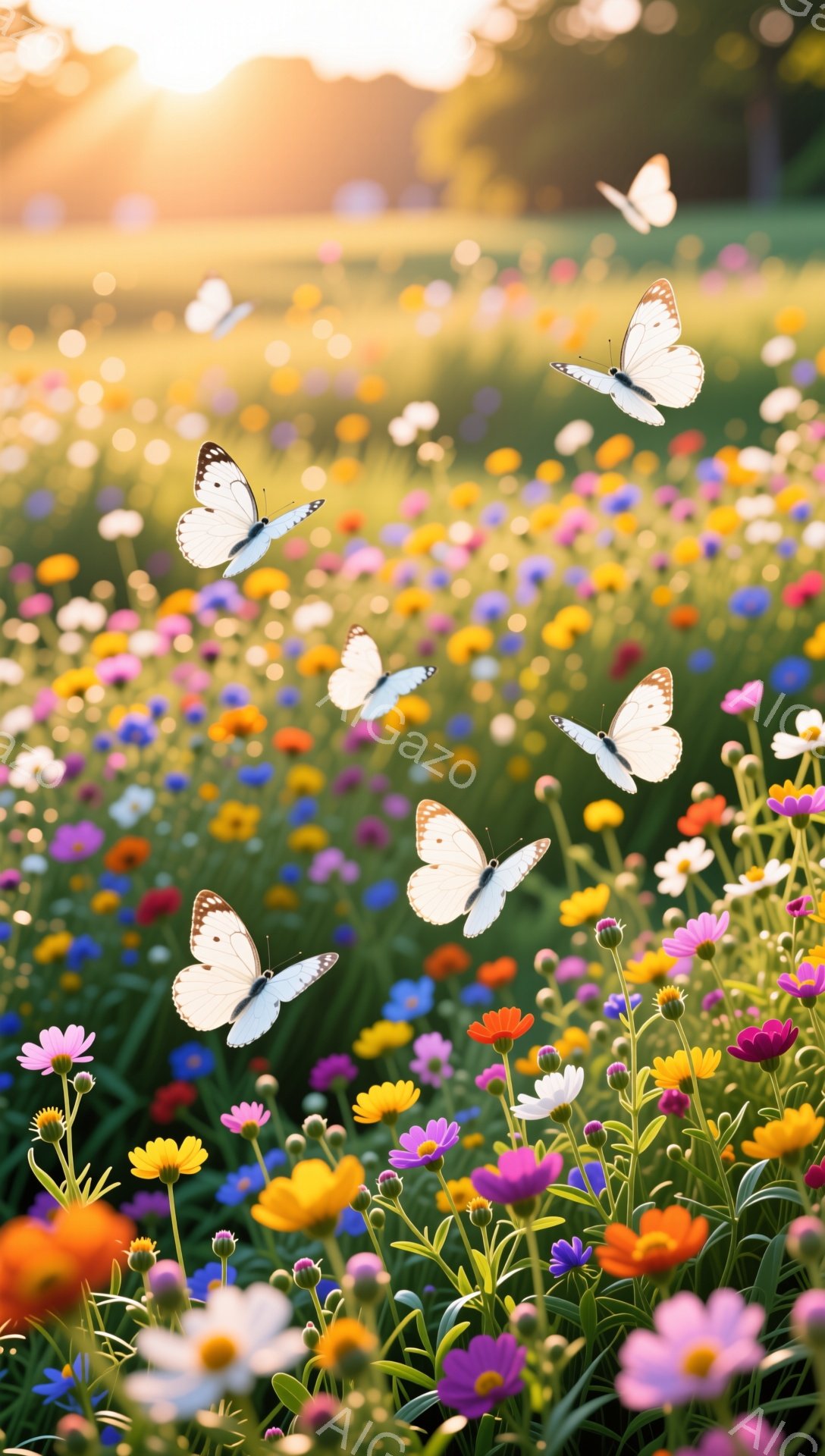 色とりどりの野生の花々が咲き乱れる草原で、たくさんの白い蝶が舞っている。夕日の光が柔らかく差し込み、花々と蝶を優しく照らし出している。春の暖かく穏やかな雰囲気を感じさせる美しい風景だ。 - AI生成フリー素材
