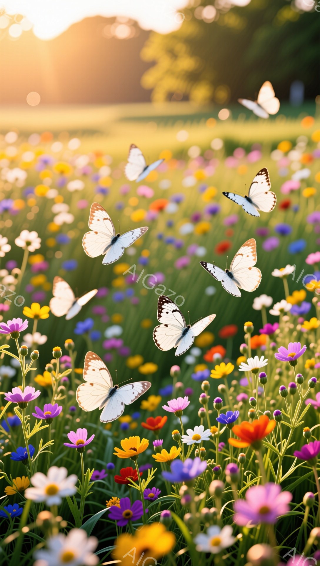色とりどりの野花が咲き乱れる草原で、たくさんの蝶が舞っている。背景には緑豊かな木々と柔らかい日差しが広がり、穏やかで幻想的な雰囲気を醸し出している。蝶の白い羽が光を浴びて輝き、生命力と美しさを感じさせ - AI生成フリー素材