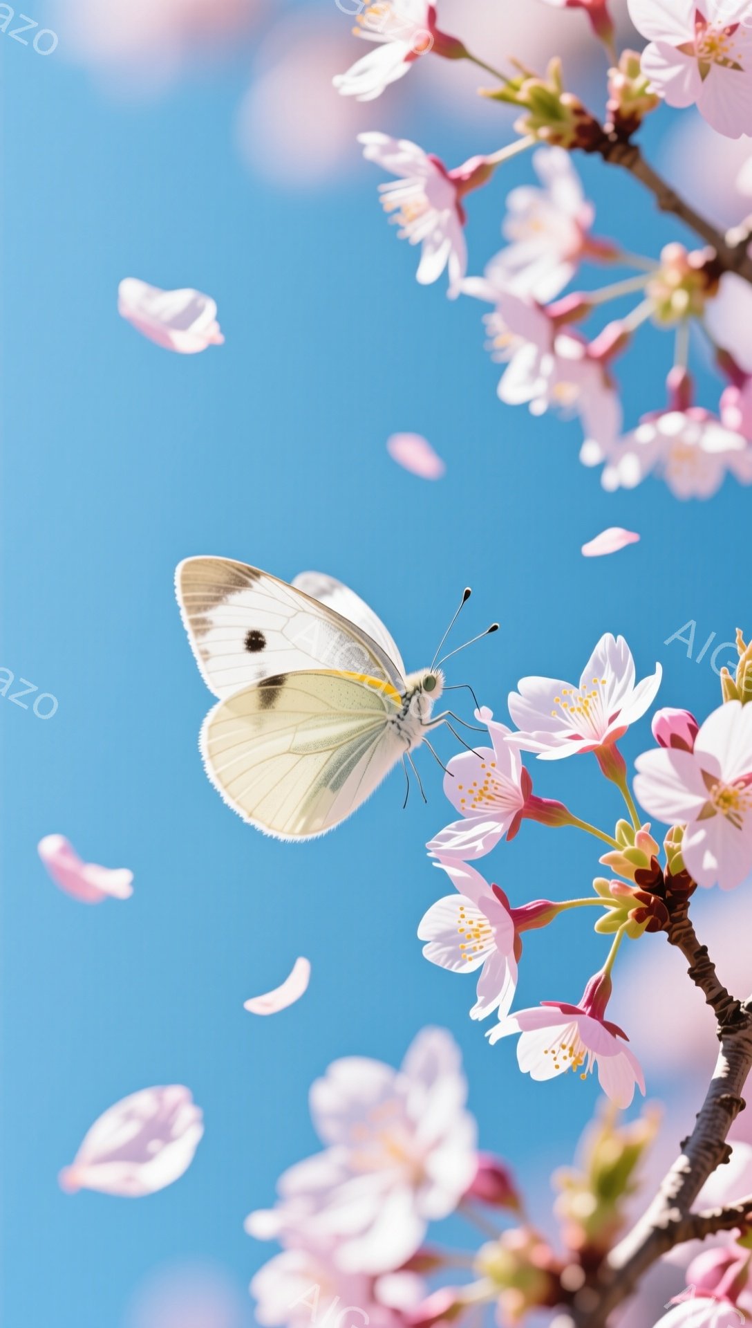 桜の枝にとまる白い蝶が印象的な風景です。背景には青空が広がり、舞い散る桜の花びらが春の暖かさを感じさせます。蝶は羽を広げ、桜の花を見ているようです。 - AI生成フリー素材