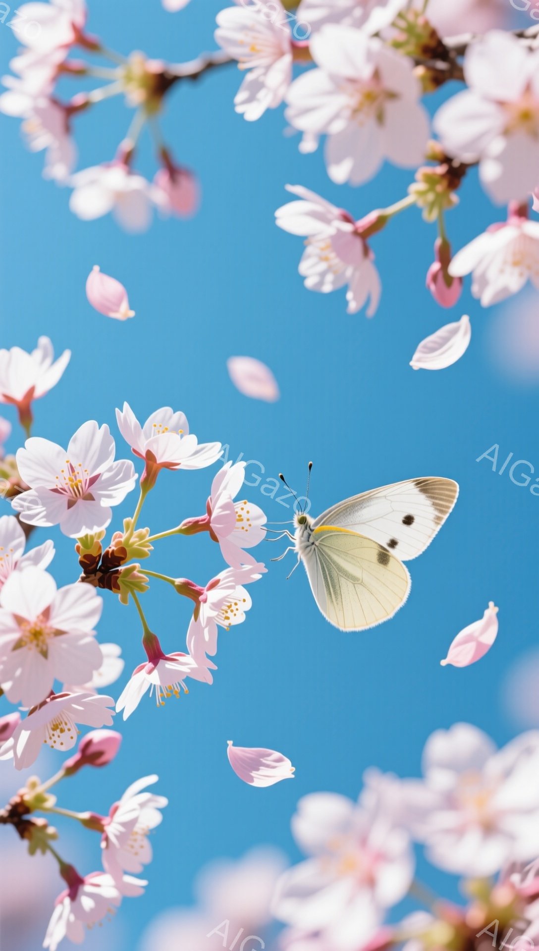 空は明るい青色で、桜の花びらが舞い散っています。白い蝶が桜の花の近くで羽ばたき、春の訪れを感じさせる穏やかな光景です。花びらと蝶の組み合わせが、優雅で幻想的な雰囲気を醸し出しています。