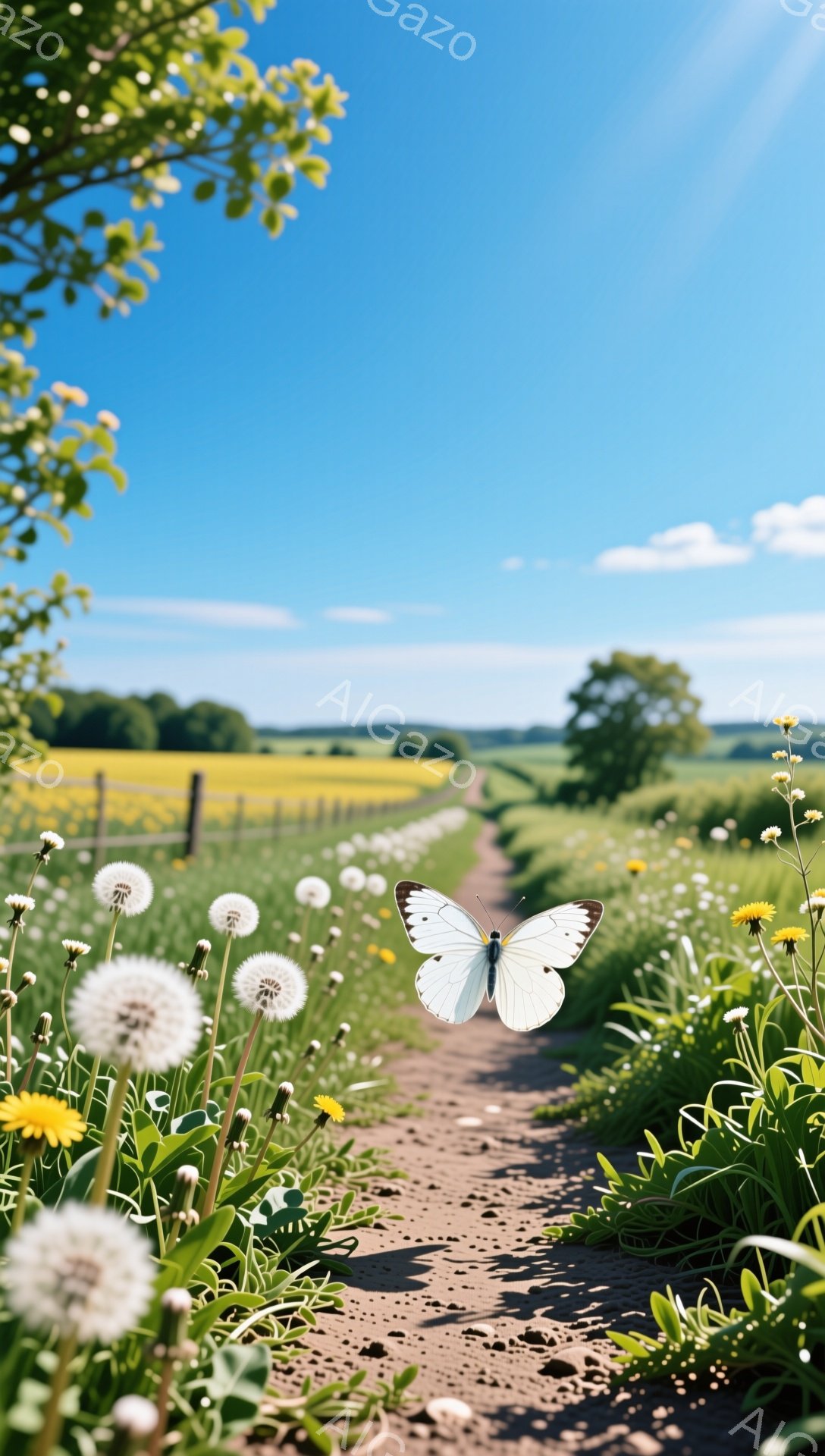 日当たりの良い田舎道には、タンポポや黄色い花が咲き乱れ、蝶が飛んでいます。道は遠くまで続き、緑豊かな風景が広がっており、平和で穏やかな雰囲気が漂っています。青空と鮮やかな自然が、心を癒やしてくれます。