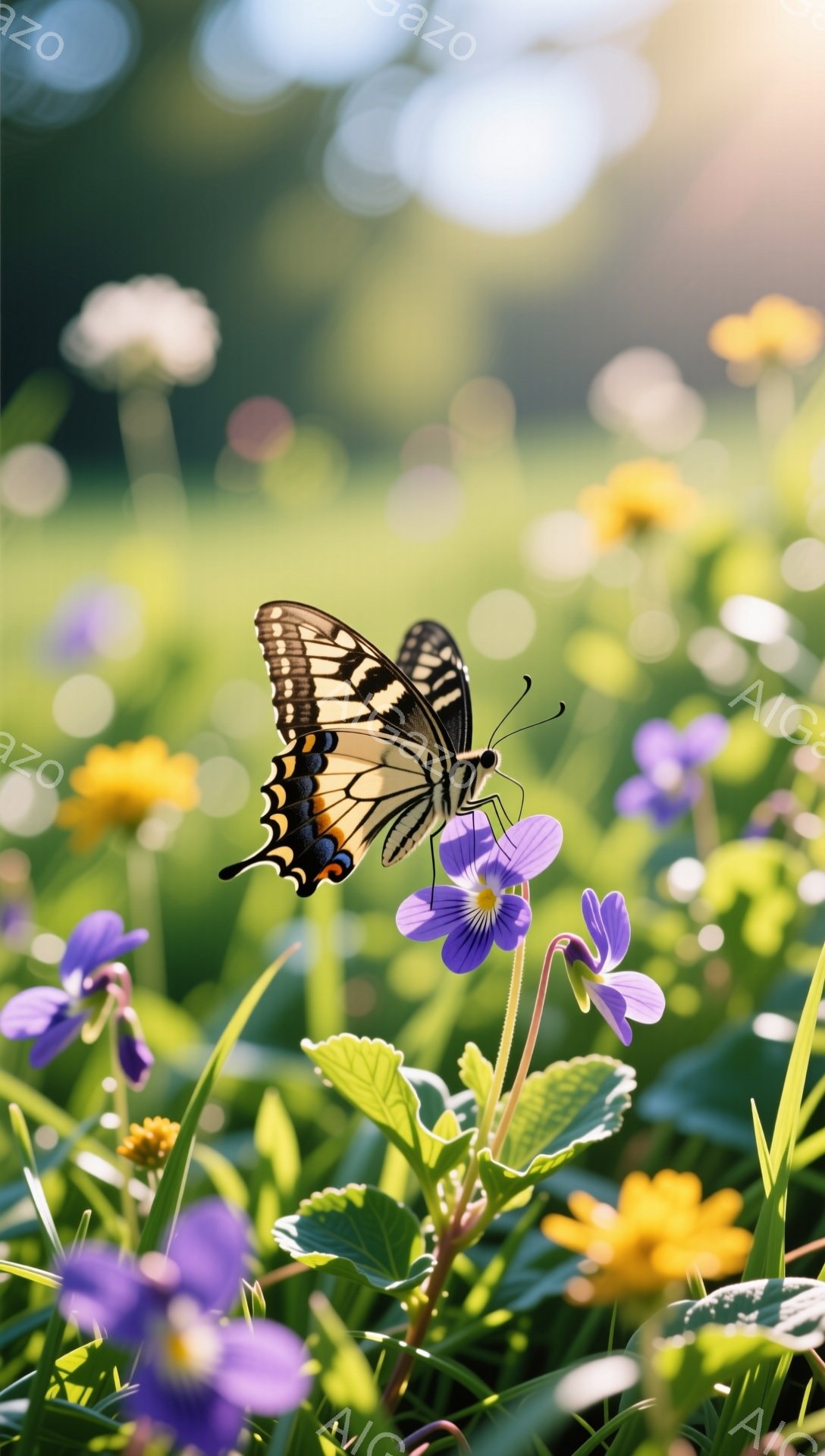 美しいアサギマダラが紫色の花の上で蜜を吸っています。背景には緑豊かな草と黄色い花がぼやけており、春の穏やかな日差しが感じられます。光が差し込み、全体的に柔らかく暖かい雰囲気です。 - AI生成フリー素材