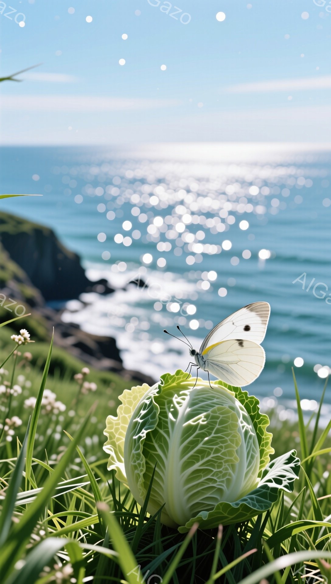 緑の草の上に白いキャベツが置かれ、その上に白い蝶がとまっています。背景には青い海と輝く太陽光が広がり、穏やかで自然な雰囲気を醸し出しています。鮮やかな色彩と光のコントラストが印象的です。 - AI生成フリー素材