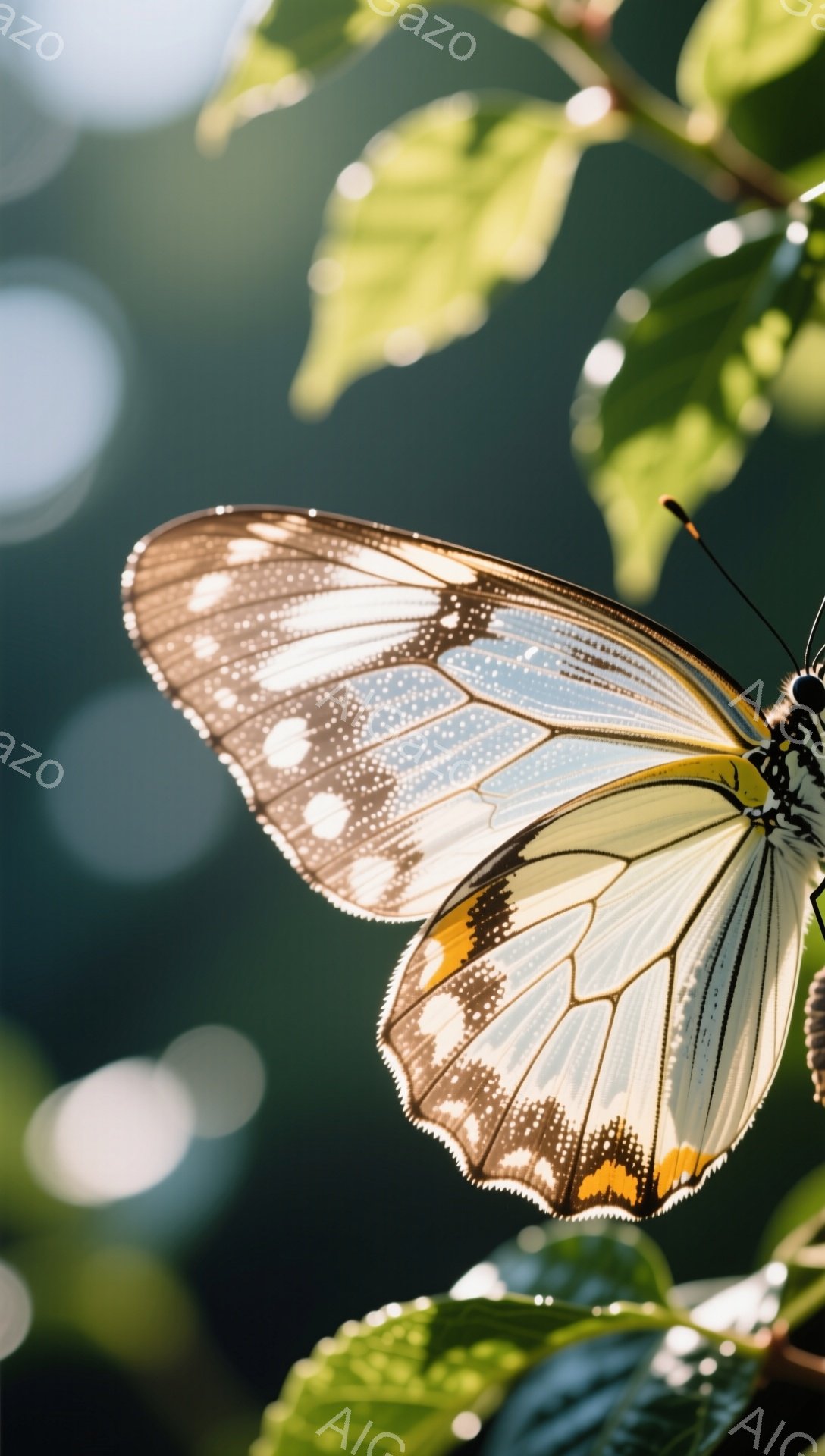 光が差し込む緑の葉の上で、美しい蝶が羽を広げています。蝶の翅は白と黒の繊細な模様で、まるでステンドグラスのようです。背景には柔らかい光がぼやけており、自然の静寂と美しさを表現しています。 - AI生成フリー素材