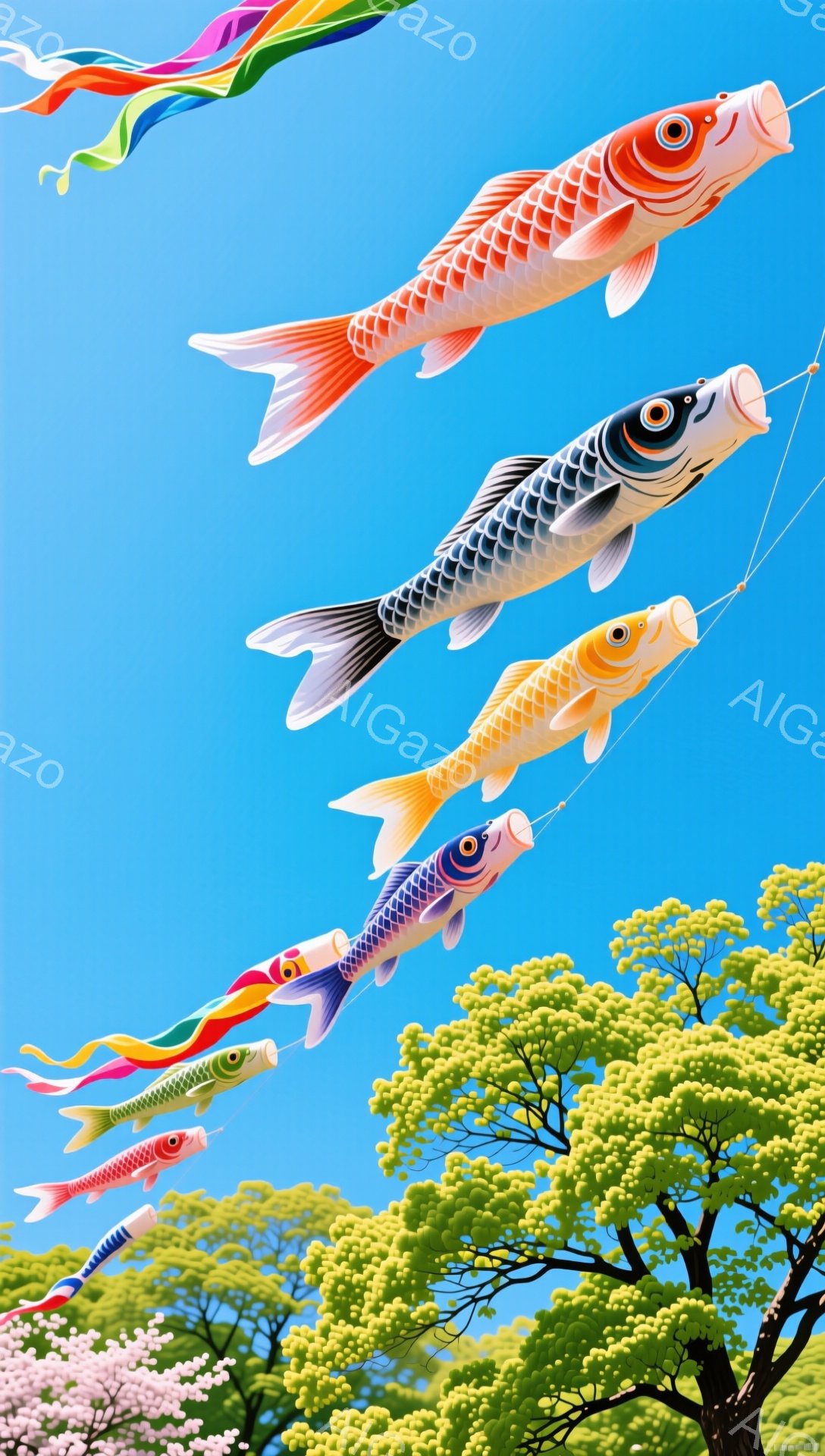 青空を鯉の形をした風筝がいくつか舞っている様子です。緑豊かな木々が背景にあり、春の穏やかな日差しを感じさせます。鮮やかな色彩が空に映え、祝祭的な雰囲気を醸し出しています。 - AI生成フリー素材