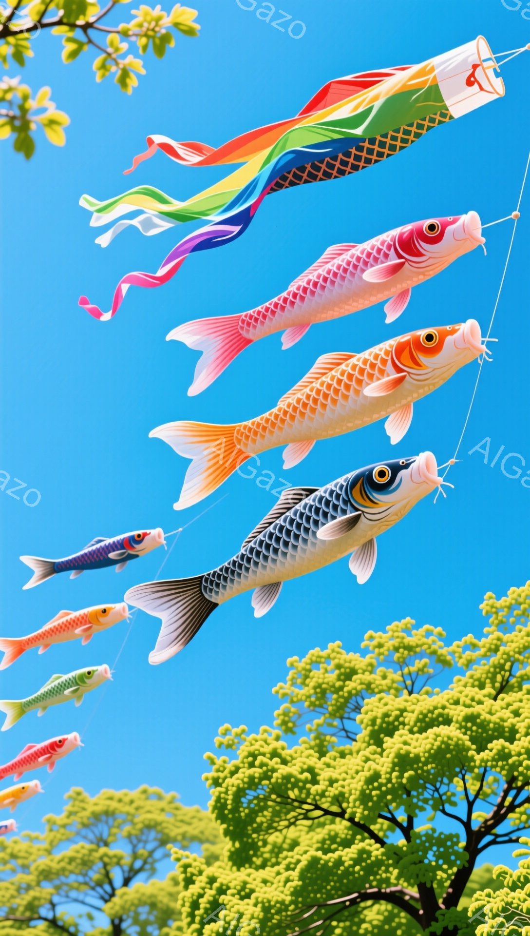 鮮やかな鯉の形をした凧が青い空に浮かんでいます。緑の葉っぱが一部にかかり、春の穏やかな日中の様子が伝わってきます。日本の伝統的な風習である子供の日の祝賀行事の象徴的な光景です。