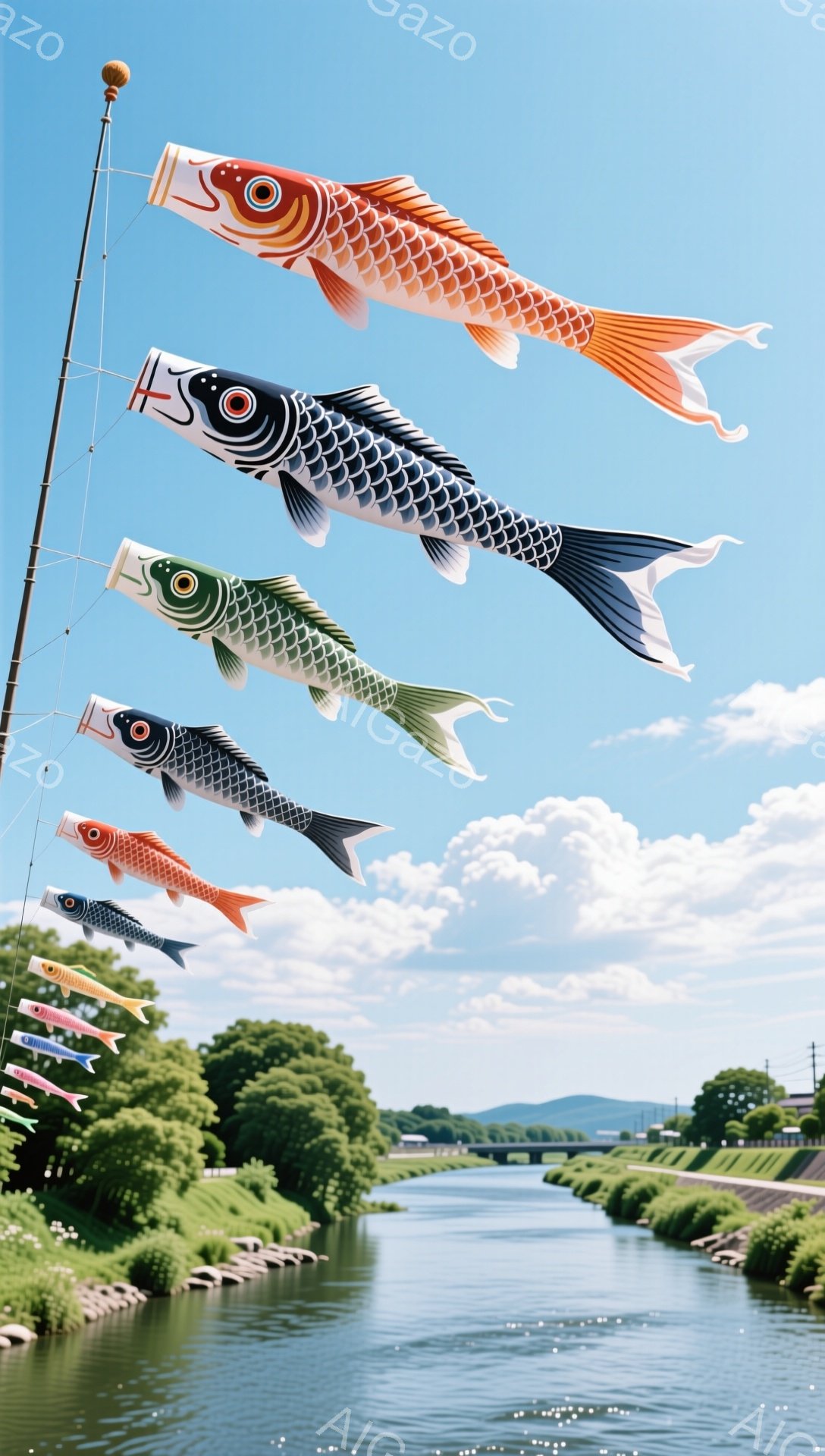 青空の下、鯉のぼりが川の上を優雅に泳いでいる。緑豊かな川岸と背景の山々が、穏やかで平和な雰囲気を醸し出している。子供の頃の思い出や、家族の幸せを願う気持ちが込められた、日本の伝統的な風景だ。 - AI生成フリー素材