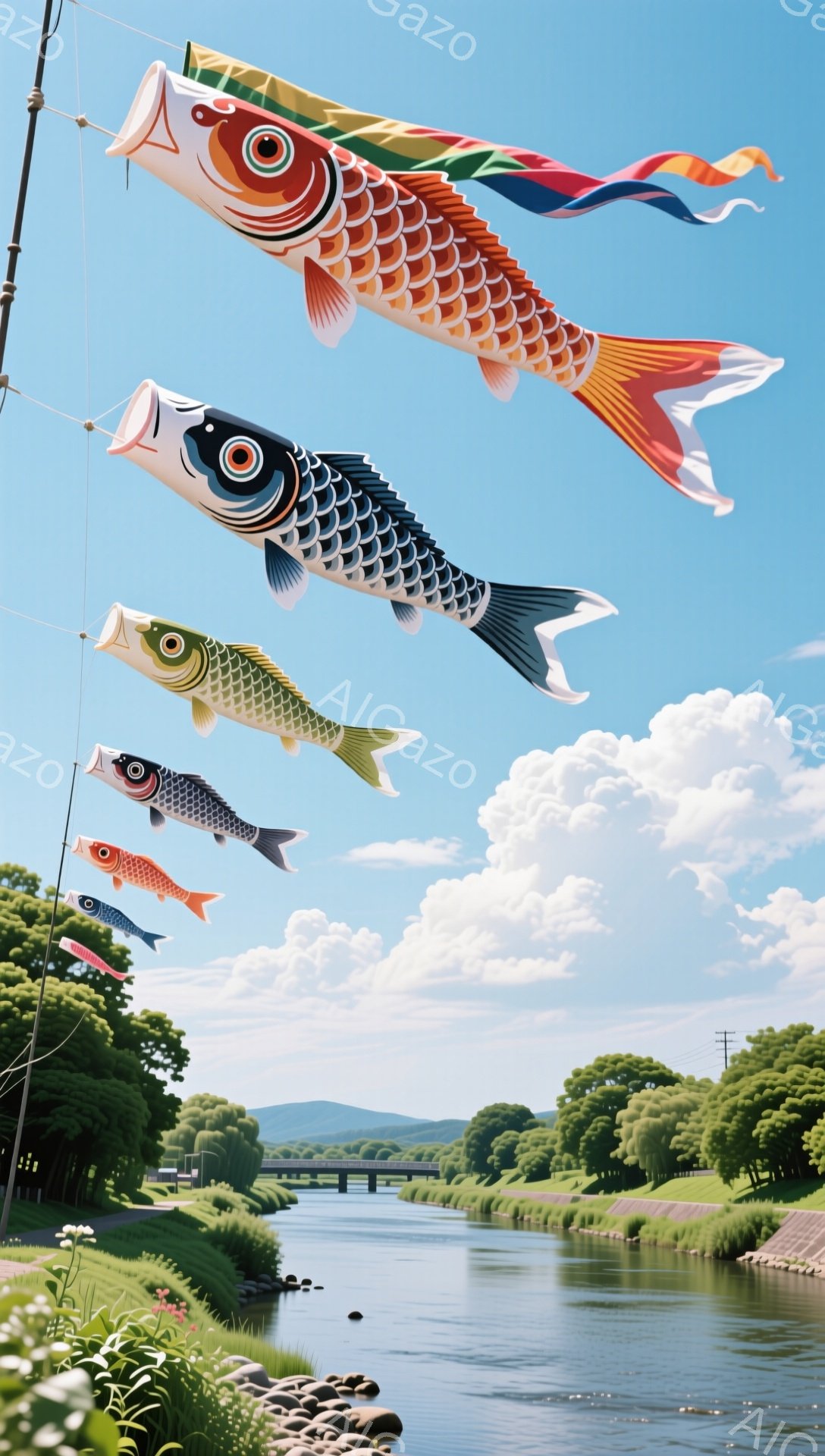 鮮やかな鯉のぼりが青空の下、川の上を舞っています。緑豊かな自然と水面に映る空が、穏やかで平和な雰囲気を醸し出しています。子供たちの成長を願う伝統的な風習が感じられます。 - AI生成フリー素材