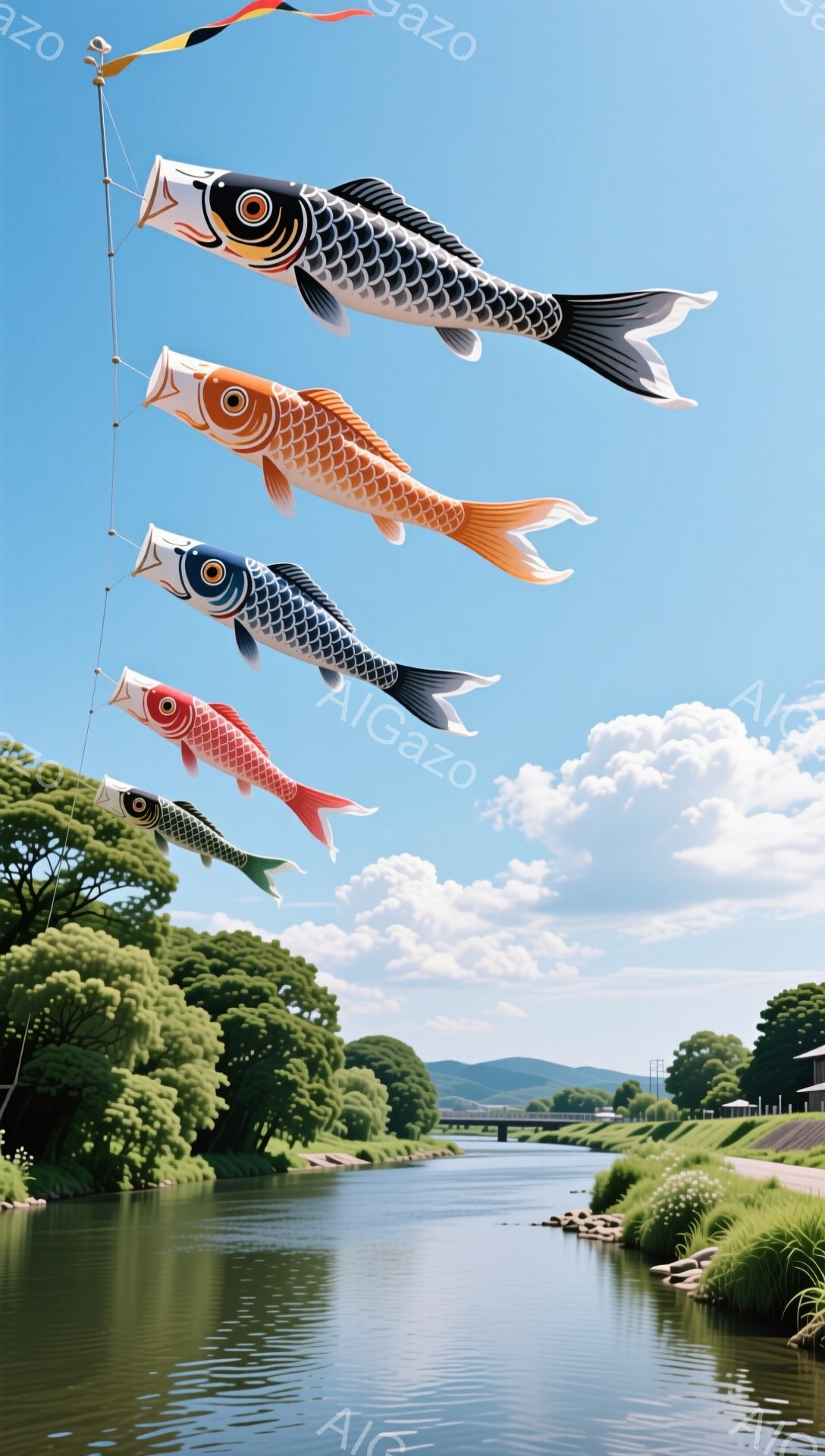 青い空の下、川の上を鯉のぼりが優雅に泳いでいる。川沿いの緑豊かな風景と鯉のぼりの鮮やかな色彩が、穏やかな春の日の雰囲気を醸し出している。鯉のぼりは子供たちの健やかな成長を願う象徴として飾られている。 - AI生成フリー素材