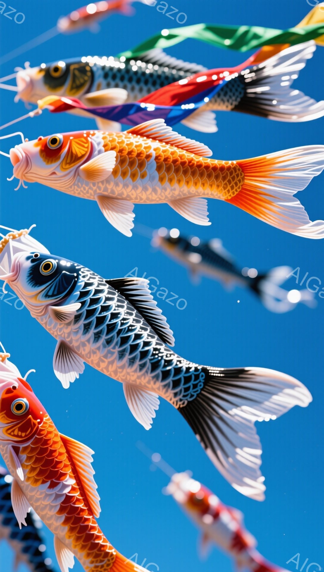 鮮やかな鯉の旗が青空を背景に舞っている。それぞれ異なる色や模様が施されており、お祭りや子供の日を祝う賑やかな雰囲気が伝わってくる。空には他の旗もわずかに見え、風が心地よく吹き抜けているようだ。