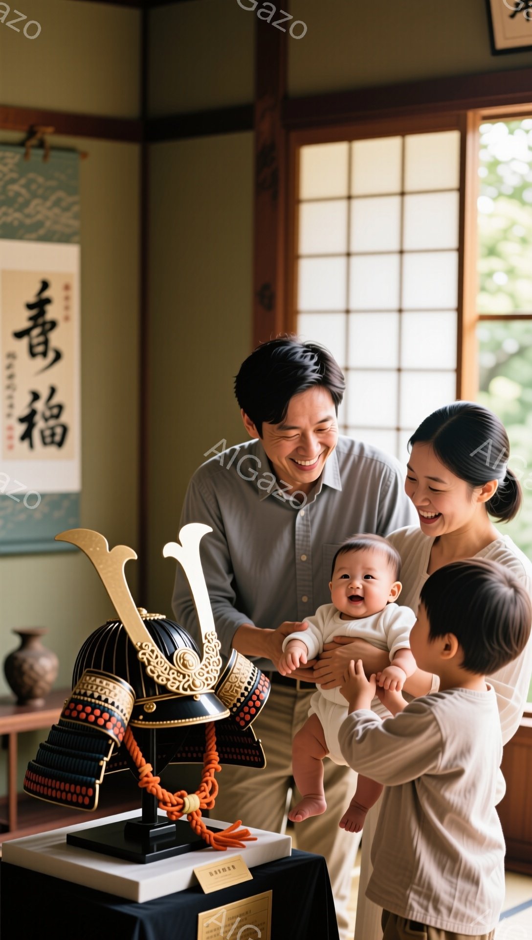 家族が兜の前で微笑んでいます。両親はそれぞれ片手で幼い子供たちを抱き上げ、愛情に満ちた表情を浮かべています。背景には日本の伝統的な装飾が施され、穏やかで温かい家庭の雰囲気が漂っています。
