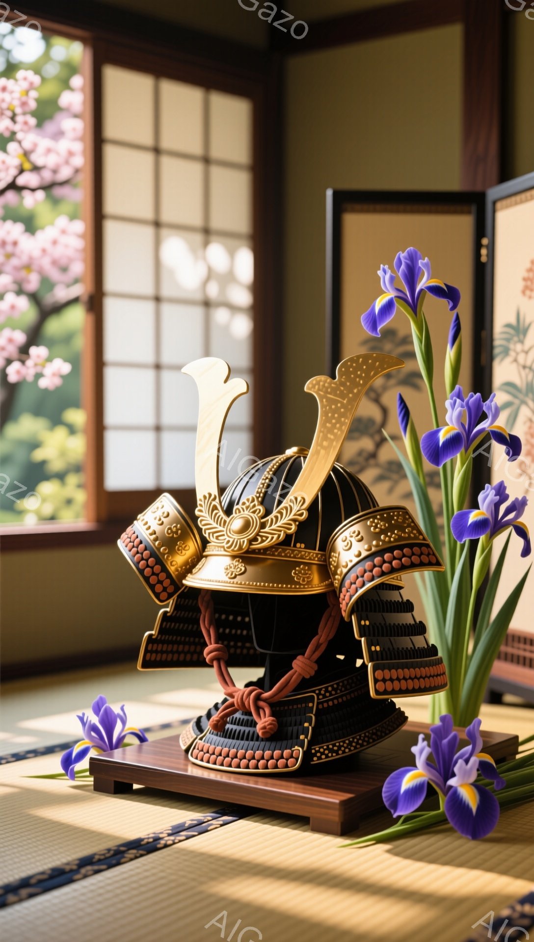 兜は鮮やかな赤色の紐で飾られ、漆塗りのような黒い基調に金色で装飾された美しい仕上がりです。背景には、桜の絵が描かれた障子と畳の床が見え、日本の伝統的な雰囲気が漂っています。紫色の菖蒲が兜の横に置かれ、武士道の精神と自然の美しさを表現しています。