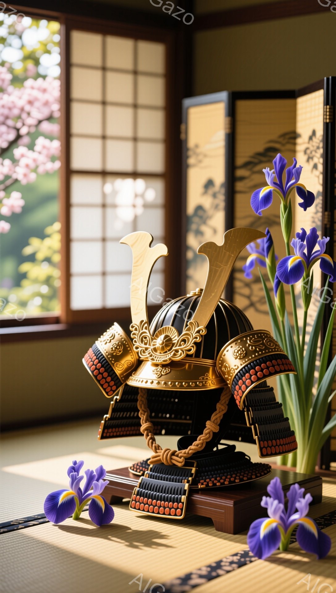 鮮やかな紫の菖蒲の花に囲まれた、豪華な兜が畳の上に置かれています。背景には、桜の絵が描かれた屏風があり、落ち着いた和の雰囲気を醸し出しています。光が優しく差し込み、兜の金属の輝きと花びらの繊細さを際立たせています。