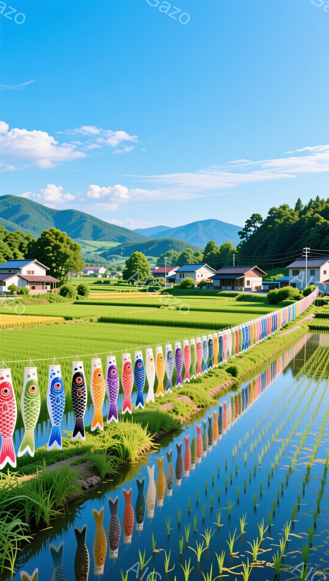 田んぼの中を鯉のぼりが並んで泳いでいるように見え、子供の成長を願う風習が伝わってくる。緑豊かな田園風景と空の青さが鮮やかで、のどかな日本の原風景を切り取った一枚である。鯉のぼりが水面に映り込み、幻想的 - AI生成フリー素材