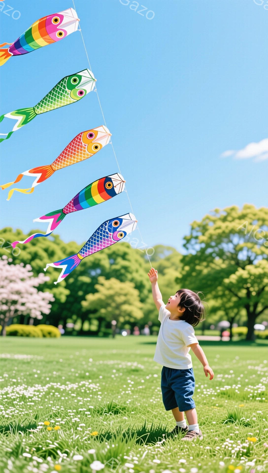 少年は鯉のぼりの凧を高く上げて喜んでいます。緑豊かな芝生と桜の木が背景にあり、春の穏やかな一日を表しています。少年の表情は楽しそうで、リラックスした雰囲気が漂っています。
