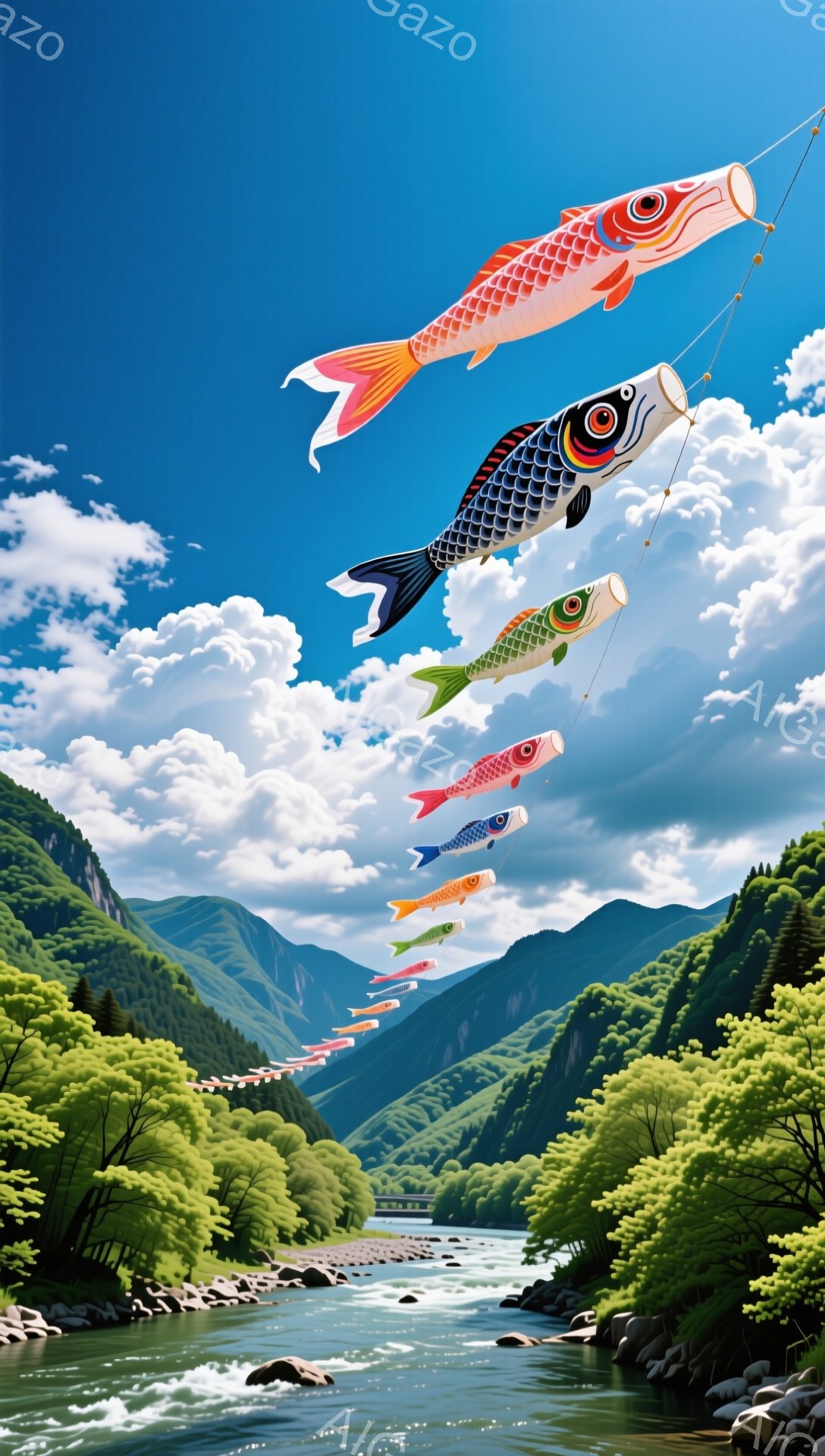青空の下、鯉のぼりが川の上を元気に泳いでいるように見えます。両岸には緑豊かな木々が生い茂り、山の風景と合わさって、穏やかで平和な雰囲気を醸し出しています。子供たちの成長を願う、伝統的な日本の春の光景です。
