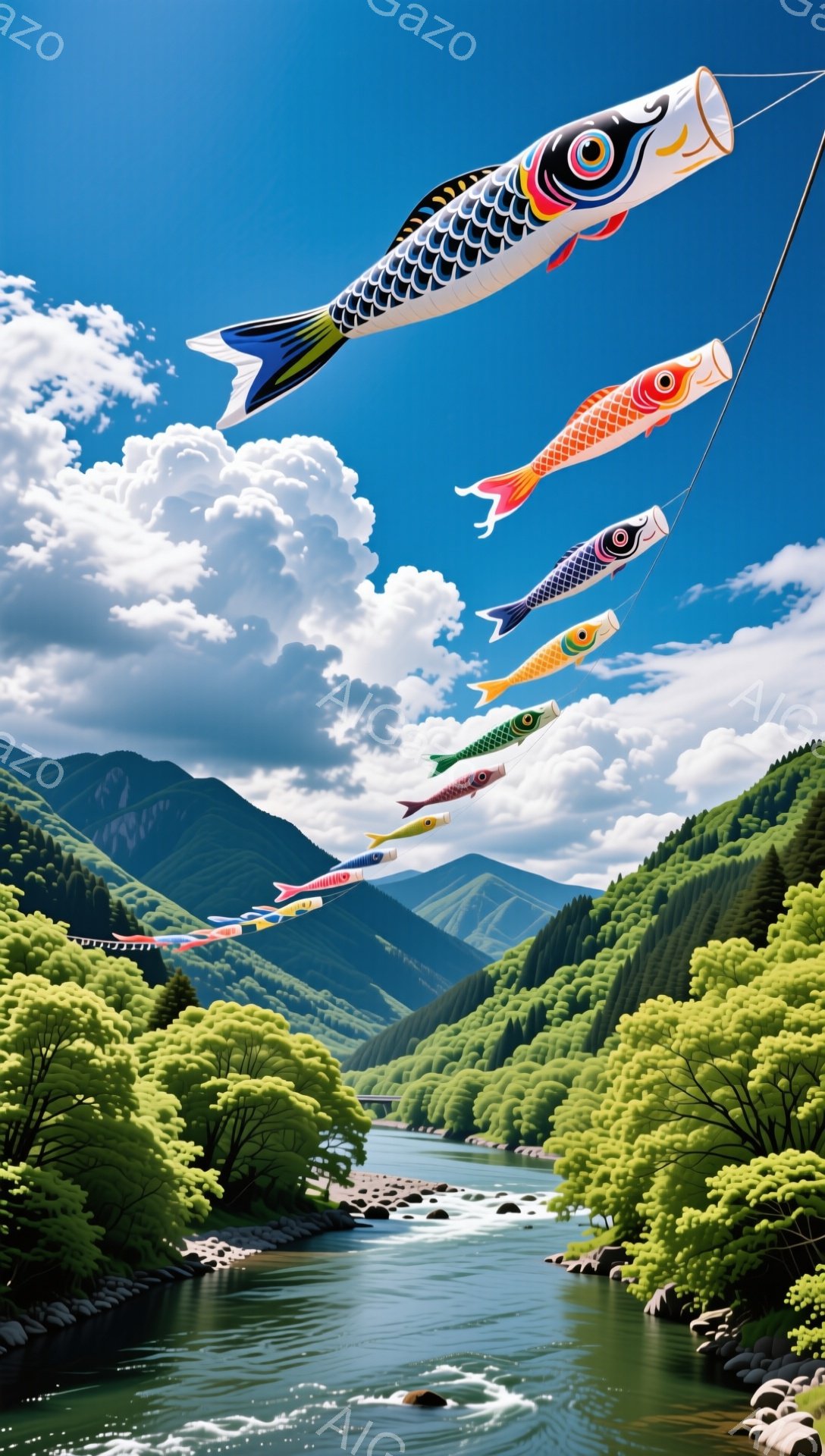 青い空の下、鯉のぼりが川の上を舞っている。緑豊かな山々と川の流れが、穏やかで平和な雰囲気を醸し出している。子供の日を祝う、日本の伝統的な風景である。