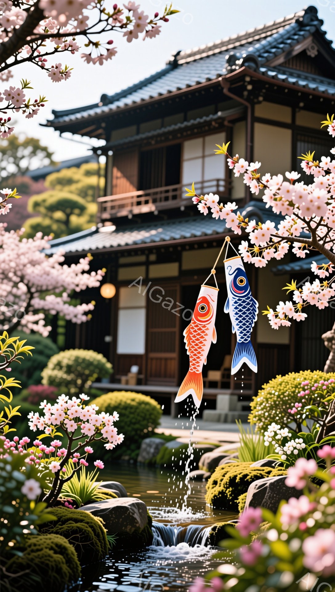 鯉のぼりが庭の美しい景色の中に飾られています。伝統的な日本の家屋と桜の花が咲き誇り、穏やかで平和な雰囲気を醸し出しています。水の流れと鯉のぼりの組み合わせが、春の暖かさを感じさせる風景です。 - AI生成フリー素材