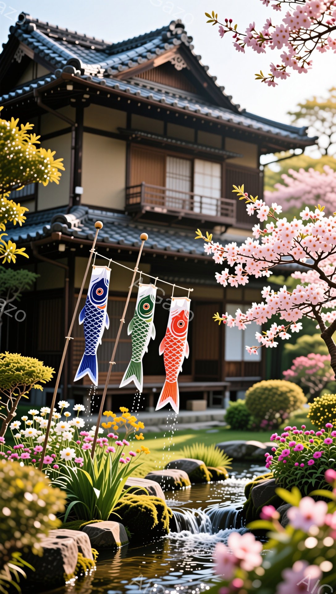 鯉のぼりが庭の小川の上に飾られています。背景には伝統的な日本の家と桜の木が見え、春の穏やかな雰囲気が漂っています。鮮やかな色彩が、庭の自然の美しさを引き立てています。 - AI生成フリー素材
