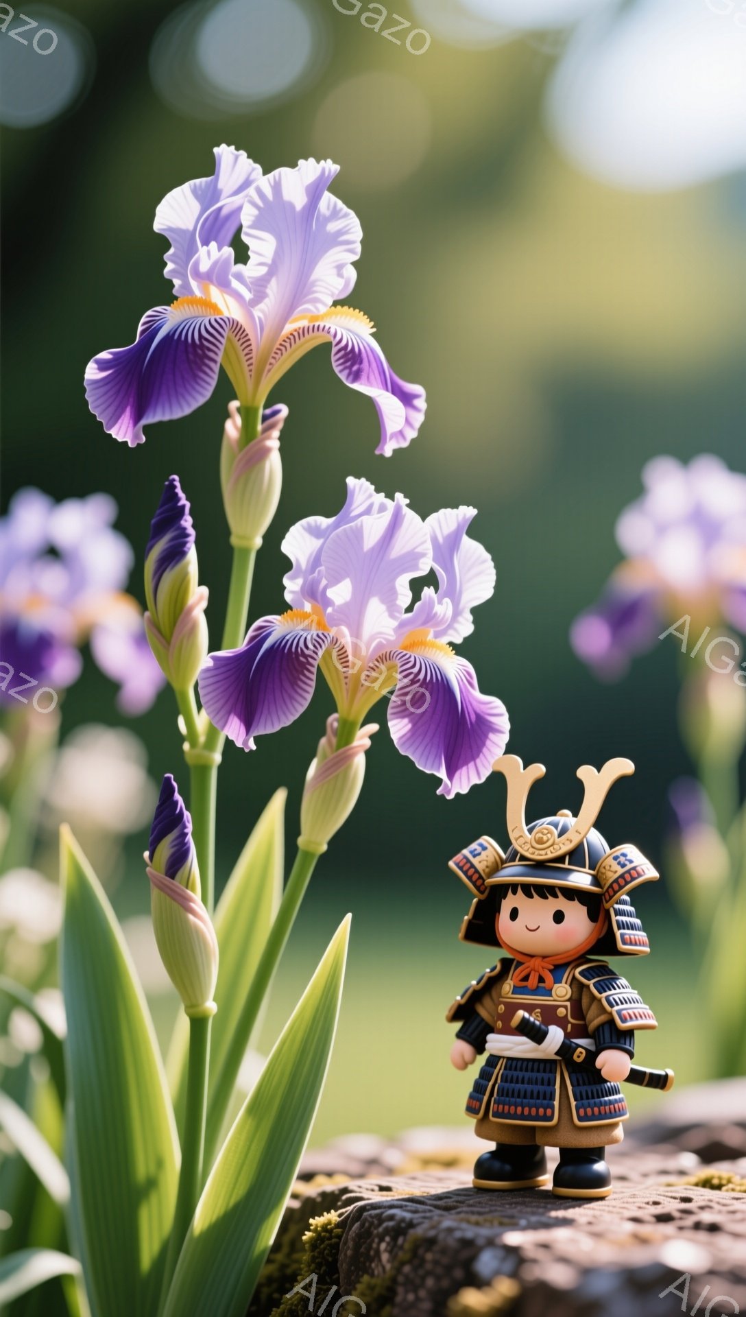 鮮やかな紫色の菖蒲の中に、兜を被った可愛らしい武士の人形が佇んでいます。人形は笑顔で、背景には他の菖蒲の花がぼんやりと見え、穏やかで幻想的な雰囲気を醸し出しています。まるで菖蒲の花びらの中に隠れている - AI生成フリー素材